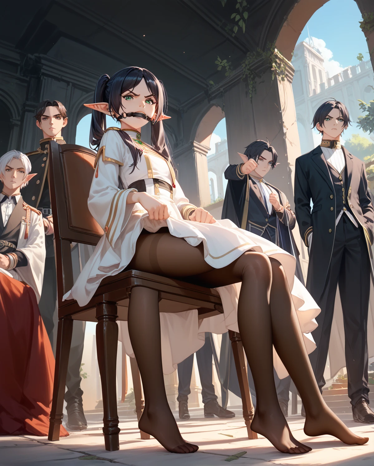 Hands tied, Glare, angry, (pantyhose), Gag, Sit on a chair, on ruins, (ultra quality), (HD), (extremely detailed CG), look at viewer, photograph, Multiple men, 1girl, black hair, kawaii, dynamic angle, elf, frieren