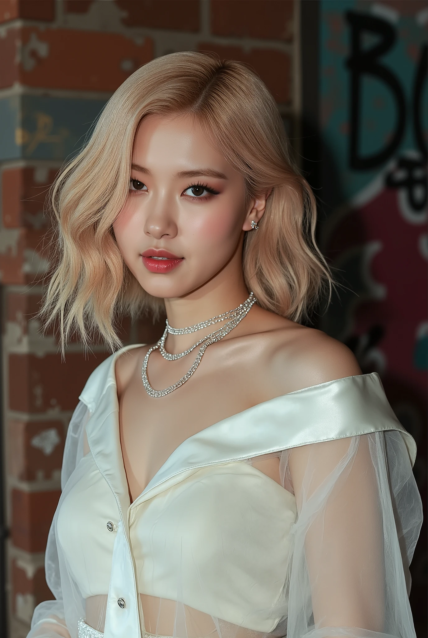 Realistic (photorealistic Realism), (high resolution), ((intricately detailed digital art)), professional photography, ((portrait) a [Rosé from blackpink]:1.3), (ultra realistic texture details: velvety skin, hair),(close- up eyes:1.3),((sharp focus, no blurry, high resolution, absurd quality, Realistic brown_eyes:1.4), intricately detailed:1.3), ((extremely fine details eyes)), ((extra narrow eyebrows)), (Carefully draw Long eyelashes), (perfect round eyes:1.3), (finely detailed pupils:1.3), ((extremely fine details pupils:1.3)), ((extremely fine details iris of the eyes:1.3)), (Shining, mesmerizing, Vibrant eyes:1.2), (professional makeup:1.4), ((perfect eyeshadows:1.4)), detailed lips:1.3, (apply glossy red_lipstick:1.34), (pink_makeup:1.3), (beautiful little nose), (perfect proportions:1.2),(small head),(anatomically correct), perfect female body, (firm and full breasts), (Super beautiful), (vivid and colorful), The attention to detail, focus of girl, dynamic pose, sexy and seductive, flirty smile, dslr, high quality split lighting, sharp focus captured by Fujifilm XT3, f 5.6, in a dramatic lighting, (perfect composition), (Style your hair, short hair, golden hair, curls at the ends of the hair, hair above one eye,(short blonde, combed to the side)), choker, ((Brick wall, Graffiti)), (oversized shirt,Outside the shoulder, transparent white shirt), exquisite balance of shadows, look at the viewer,