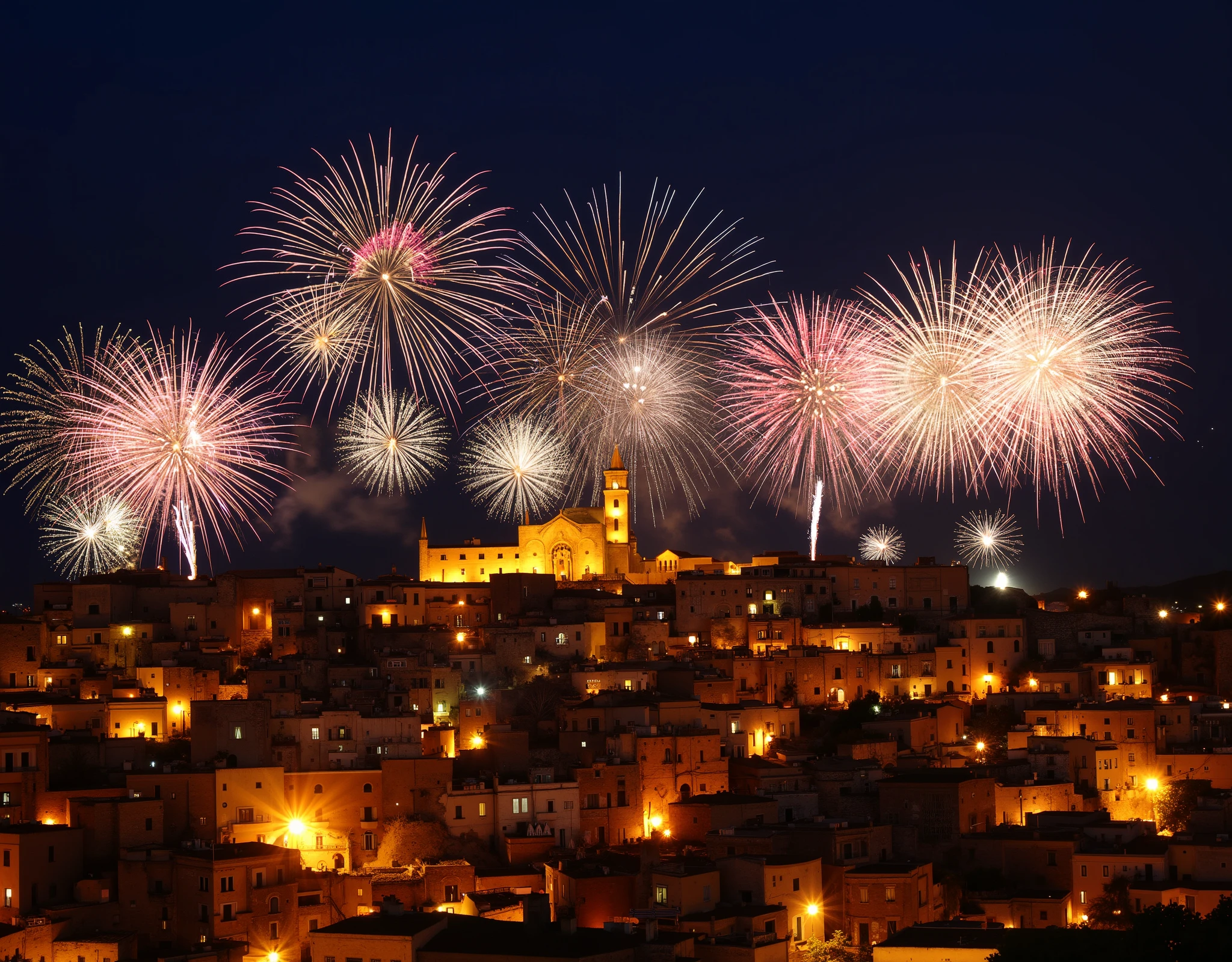 happy new year 2025 in Matera. Sassi di Matera in background, cathedral of Matera. photorealistic fireworks at night, a shining text "2025" floating in the air made of colorful fireworks