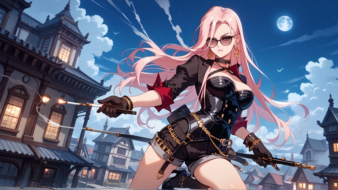 sexy SpectreDNF ,  pink hair, large earrings,  Long hair , corset, glasses,  o-shaped ring ,  choker , I wore a, body, socks, Gloves, large earrings,  shorts ,  transparent neckline ,  on the roof of a building, At night with moon ,  smoking a cigarette , action pose,