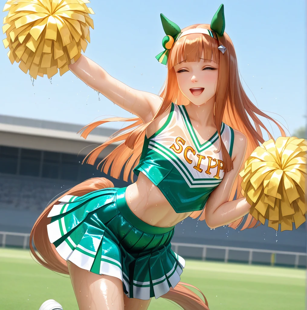 1 girl, solo, silence suzuka \(umamusume\), photo-realistic, cheerleader, pom pom \(cheerleading\), pleated skirt, best quality, laugh, good anatomy, masterpiece, shiny, shiny skin, shiny outfit, wet clothes, wet skin, dynamic pose, source_anime