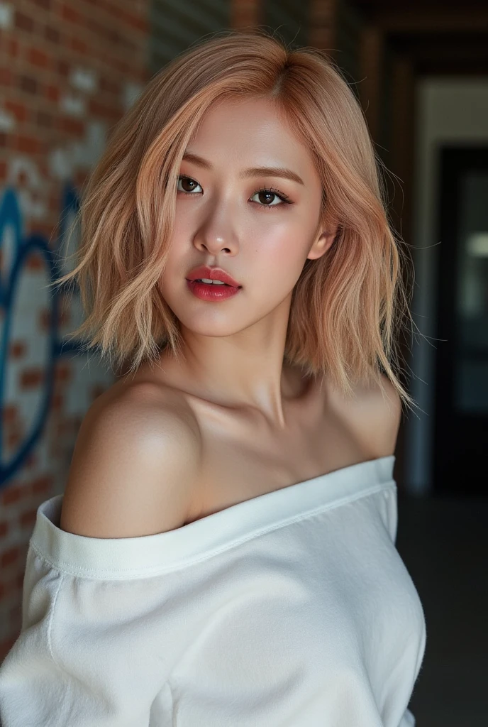 Realistic (photorealistic Realism), (high resolution), ((intricately detailed digital art)), professional photography, (((portrait) a [Rosé from blackpink]:1.4)), (ultra realistic texture details: velvety skin, hair),(close- up eyes:1.3),((sharp focus, no blurry, high resolution, absurd quality, Realistic brown_eyes:1.4), intricately detailed:1.3), ((extremely fine details eyes)), ((extra narrow eyebrows)), (Carefully draw Long eyelashes), (perfect round eyes:1.3), (finely detailed pupils:1.3), ((extremely fine details pupils:1.3)), ((extremely fine details iris of the eyes:1.3)), (Shining, mesmerizing, Vibrant eyes:1.2), (professional makeup:1.4), ((perfect eyeshadows:1.4)), detailed lips:1.3, (apply glossy red_lipstick:1.34), (pink_makeup:1.3), (beautiful little nose), (perfect proportions:1.2),(small head),(anatomically correct), perfect female body, (firm and full breasts), (Super beautiful), (vivid and colorful), The attention to detail, focus of girl, dynamic pose, sexy and seductive, flirty smile, dslr, high quality split lighting, sharp focus captured by Fujifilm XT3, f 5.6, in a dramatic lighting, (perfect composition), (Style your hair, short hair, golden hair, curls at the ends of the hair, hair above one eye,(short blonde, combed to the side)), choker, ((Brick wall, Graffiti)), (oversized shirt,Outside the shoulder, transparent white shirt), exquisite balance of shadows, look at the viewer,