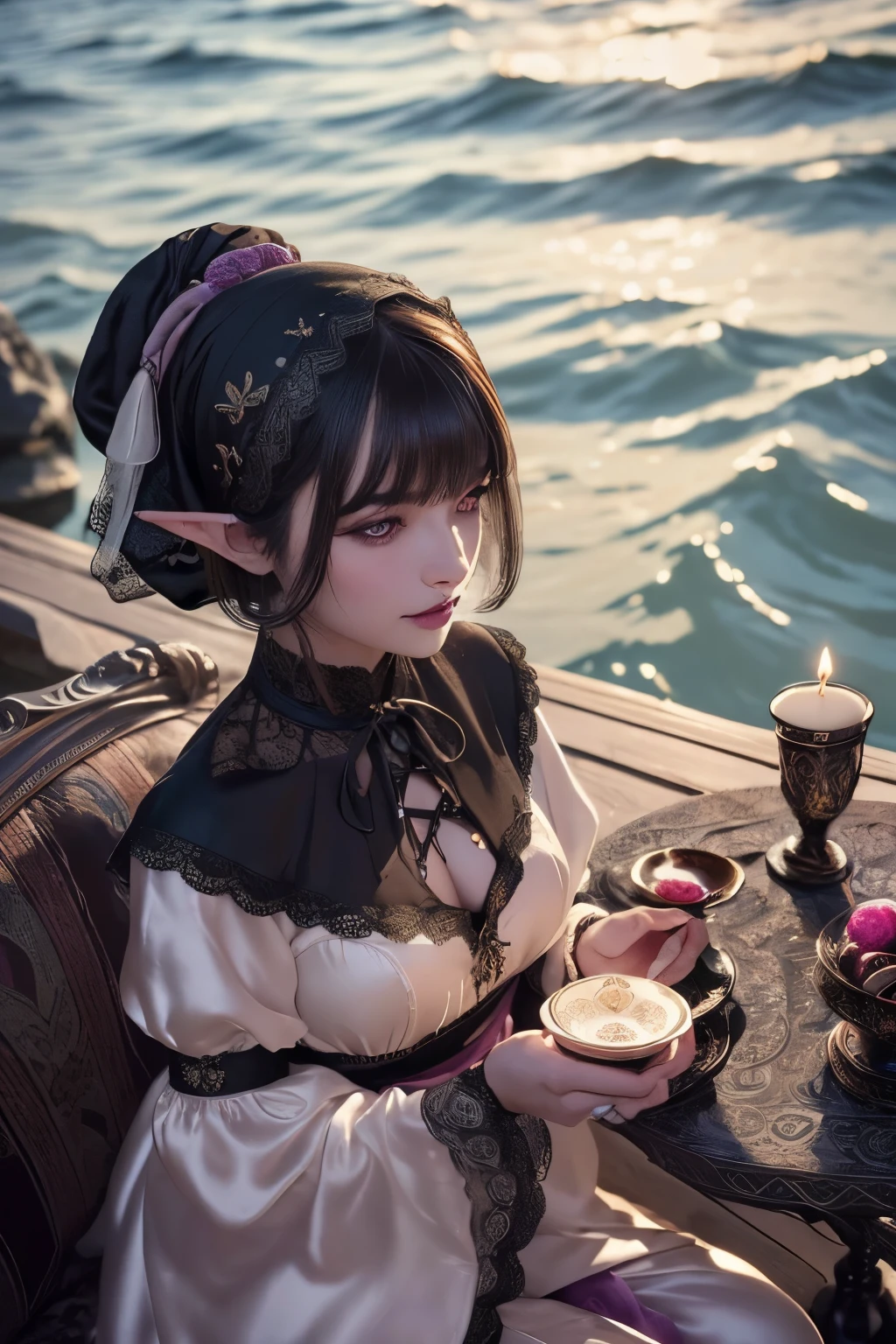 (Ultra-detailed face, Looking away, Gothic Illustration, Dark tone colors, Viewpoint from above looking down on the ground.), BREAK (The dark elf ladies are having a tea party with a magic Persian carpet floating in the center of a quiet, gently breezy lake with a deep mist, a small rococo round table in the center, and ladies sitting on rococo sofas, smiling and talking to each other. At the end of the carpet, an old butler watches over the ladies, smiling.), BREAK (The young dark elf ladies have brown hair and brown eyebrows, black hair and black eyebrows, gray hair and white eyebrows, blunt bangs, well-groomed chest-length hair, small pink lips, dark purple skin, and thick eyeliner.), BREAK (The dark elf ladies wear colorful bonnets, ribbon ties and scarves. They wear tight velour lace-up dresses printed with various seasonal floral patterns with lace ruffles. There is also a puff-sleeved dress. Around her waist she wears a long, colorful silk pareo. They wear glassy, sparkling mules. They wear anklets, bangles, rings, necklaces, and hair ornaments with scorpion motifs. They carry silk handkerchiefs.), BREAK (This is a vast lake spreading out among the mountains in the style of medieval Eastern Europe. The surface of the water gently ripples, creating an atmosphere of tranquility and peace. Mysterious ladies and butlers.)