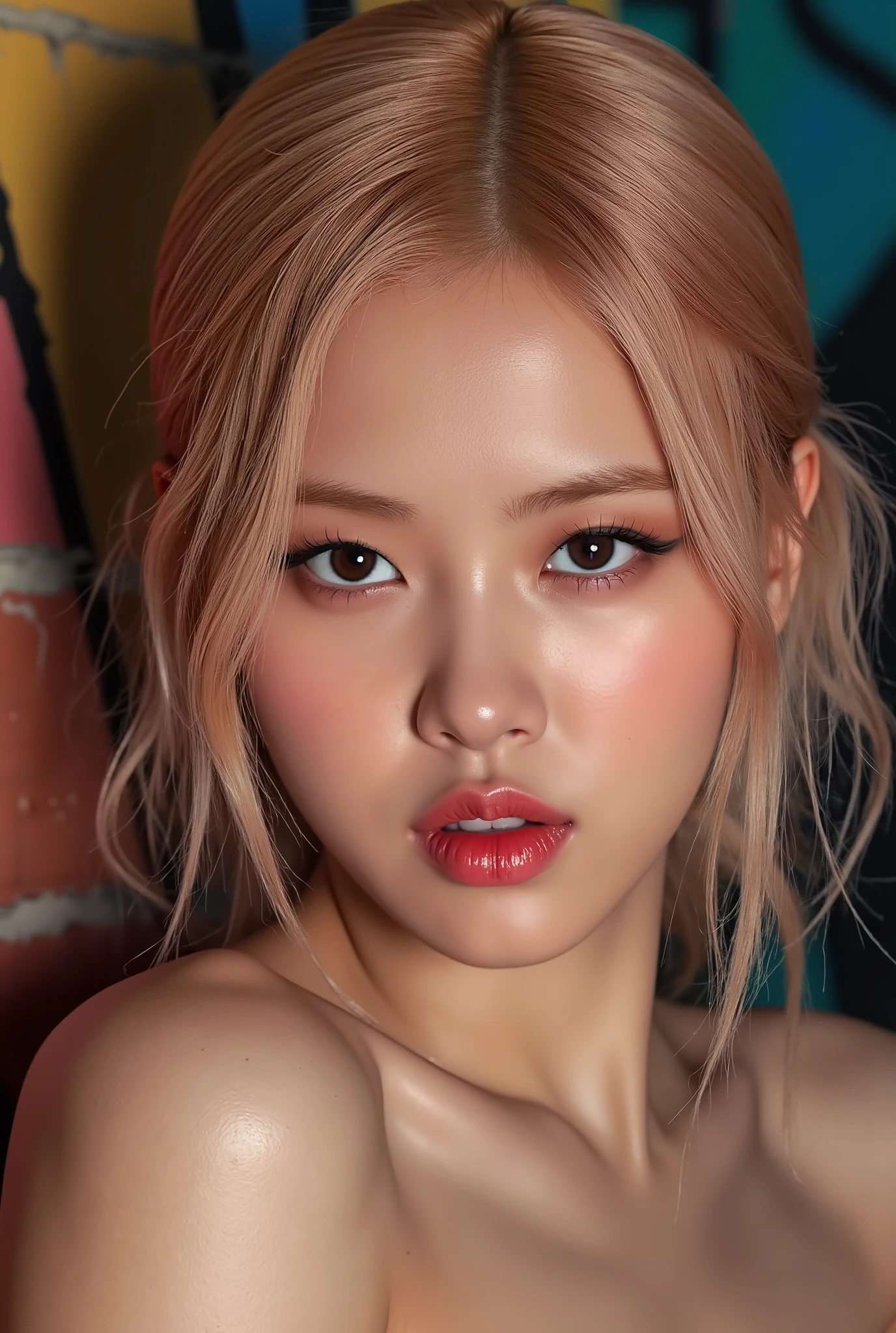 Realistic (photorealistic Realism), (high resolution), ((intricately detailed digital art)), professional photography, (((portrait) a [Rosé from blackpink]:1.3)), (ultra realistic texture details: velvety skin, hair),(close- up eyes:1.3),((sharp focus, no blurry, high resolution, absurd quality, Realistic brown_eyes:1.4), intricately detailed:1.3), ((extremely fine details eyes)), ((extra narrow eyebrows)), (Carefully draw Long eyelashes), (perfect round eyes:1.3), (finely detailed pupils:1.3), ((extremely fine details pupils:1.3)), ((extremely fine details iris of the eyes:1.3)), (Shining, mesmerizing, Vibrant eyes:1.2), (professional makeup:1.4), ((perfect eyeshadows:1.4)), detailed lips:1.3, (apply glossy red_lipstick:1.34), (pink_makeup:1.3), (beautiful little nose), (perfect proportions:1.2),(small head),(anatomically correct), perfect female body, (firm and full breasts), (Super beautiful), (vivid and colorful), The attention to detail, focus of girl, dynamic pose, sexy and seductive, flirty smile, dslr, high quality split lighting, sharp focus captured by Fujifilm XT3, f 5.6, in a dramatic lighting, (perfect composition), (Style your hair, short hair, golden hair, curls at the ends of the hair, hair above one eye,(short blonde, combed to the side)), choker, ((Brick wall, Graffiti)), (oversized shirt,Outside the shoulder, transparent white shirt), exquisite balance of shadows, look at the viewer,