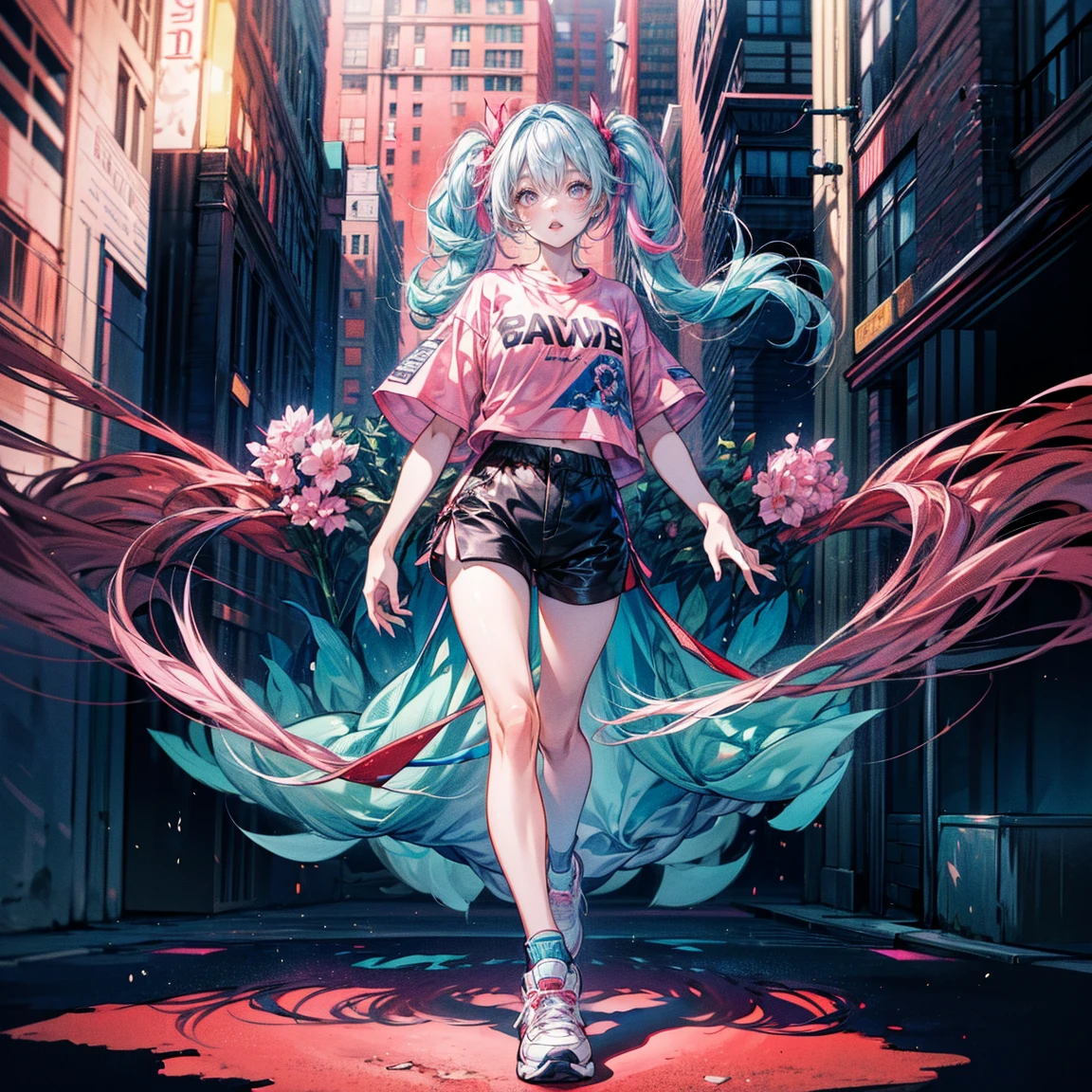 Full body view, woman standing confidently, 8K resolution, high detail, around 20 years old, (one female:1.5), vibrant-colored hair, twin tails, straight eyebrows, sanpaku eyes, upturned eyes, vivid pink irises, simple outfit, unique t-shirt, black shorts, sneakers, big city:1.0, buildings, bright blue sky, vivid color, ((UHD, masterpiece, super detail, best quality, highres, 8k)), (detailed line art), {perfect face, perfect body, perfect hands, perfect feet}