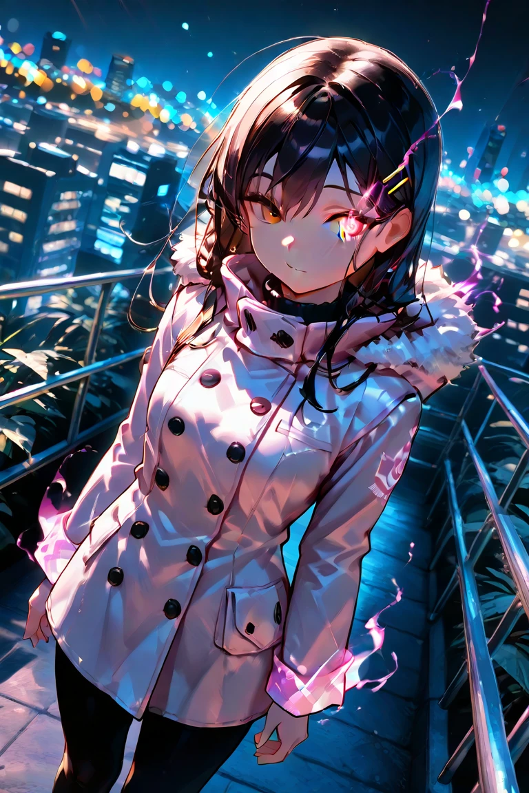 solo,1girl\((haruna:1.3), black hair, cute, beautiful, beautiful eyes, red survival coat, glowing eye, psychic purple spark aura\), background\((Jungle:1.3) (urban city)\). masterpiece, best quality,beautiful bokeh,(dynamic angle), 3d, landscape