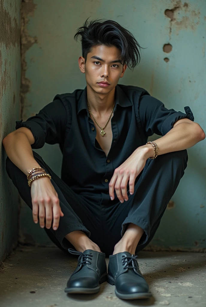 19 year old boy, THAI, long hair tied with two braids, one line tattoo on face, earrings, padlock necklace, Bare feet