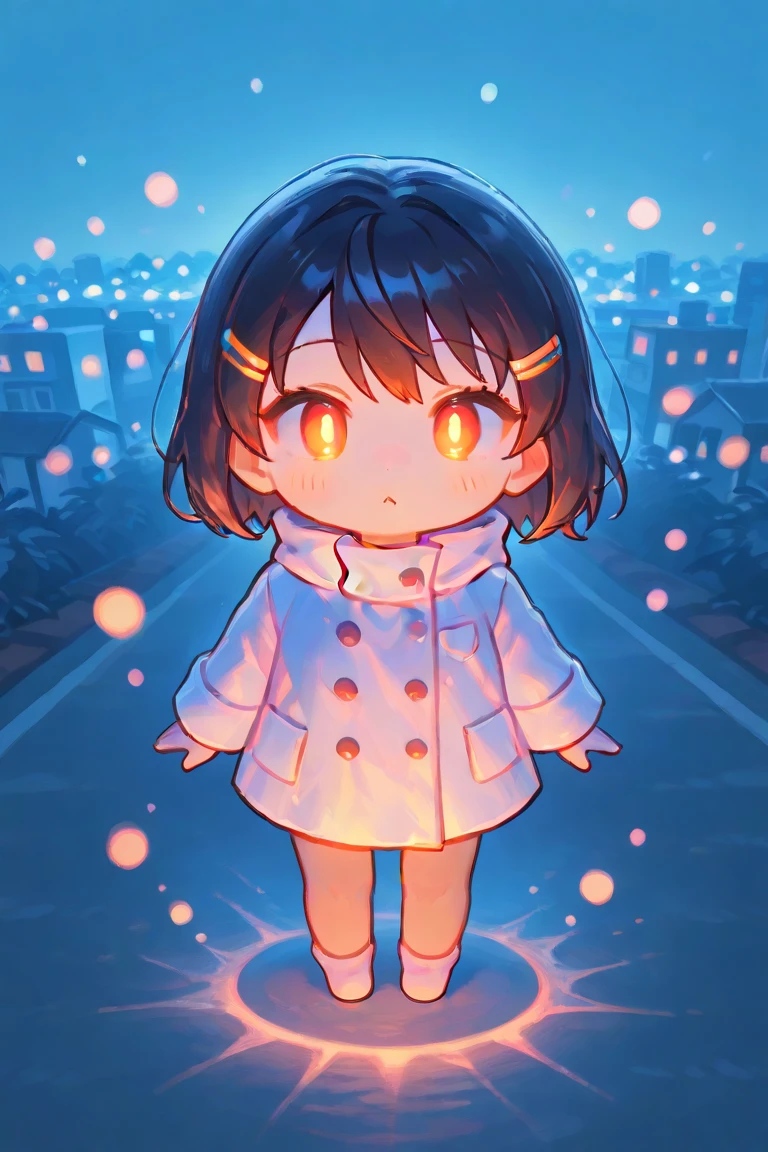 solo,1girl\((chibi),(haruna:1.3), cute, beautiful, beautiful eyes, red survival coat, glowing eye, psychic purple spark aura\), background\((Jungle:1.3) (urban city)\). masterpiece, best quality,beautiful bokeh,dynamic angle, 3d, landscape,simplism,minimalist