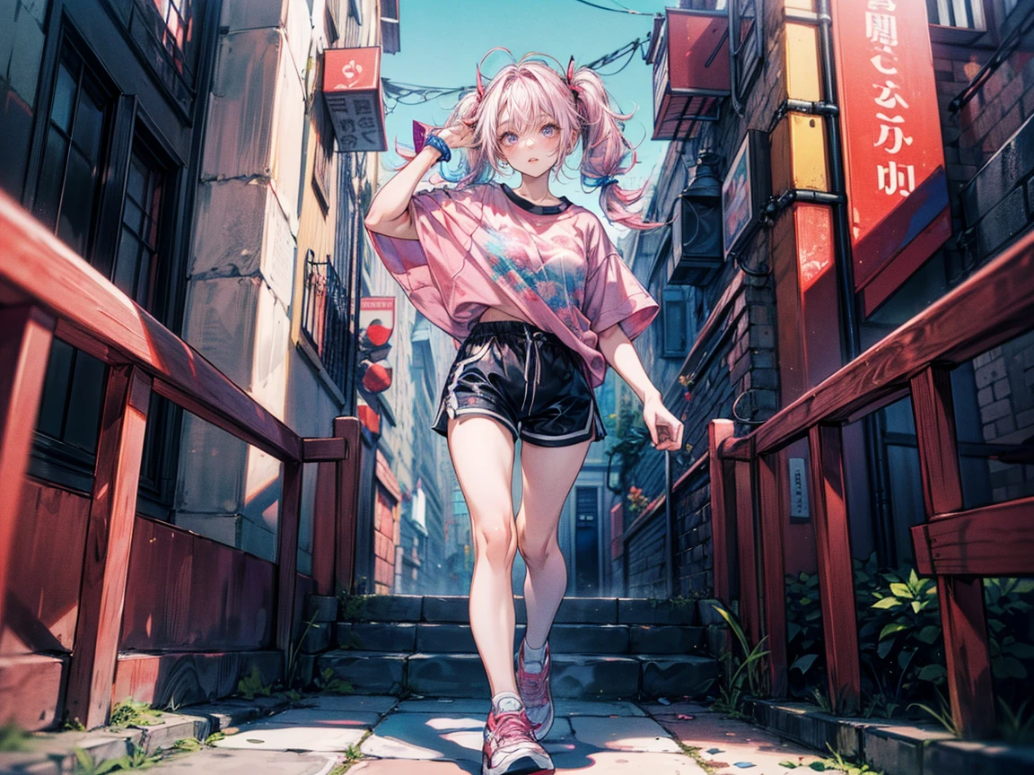 Full body view, woman standing confidently, 8K resolution, high detail, around 20 years old, (one female:1.5), vibrant-colored hair, twin tails, straight eyebrows, sanpaku eyes, upturned eyes, vivid pink irises, simple outfit, unique t-shirt, black shorts, sneakers, big city:1.0, buildings, bright blue sky, vivid color, ((UHD, masterpiece, super detail, best quality, highres, 8k)), (detailed line art), {perfect face, perfect body, perfect hands, perfect feet}