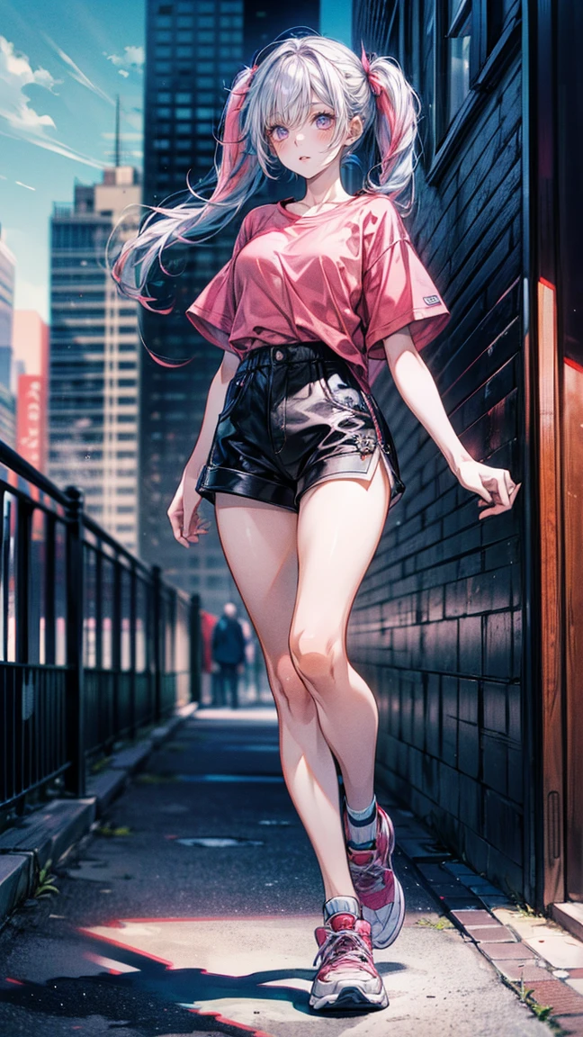 Full body view, woman standing confidently, 8K resolution, high detail, around 20 years old, (one female:1.5), vibrant-colored hair, twin tails, straight eyebrows, sanpaku eyes, upturned eyes, vivid pink irises, simple outfit, unique t-shirt, black shorts, sneakers, big city:1.0, buildings, bright blue sky, vivid color, ((UHD, masterpiece, super detail, best quality, highres, 8k)), (detailed line art), {perfect face, perfect body, perfect hands, perfect feet}