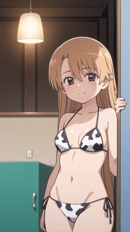 (masterpiece, 4K, highest quality, anime style: 1.9, Detailed face, Lovely,Bold Line, High resolution, anime, alone, Curvaceous, Very slim belly, Cowboy Shot,1 girl、kirino kousaka,Cow print micro bikini,(blush,Bitter smile).Photo session,(Petite),Background is white,Sexy pose