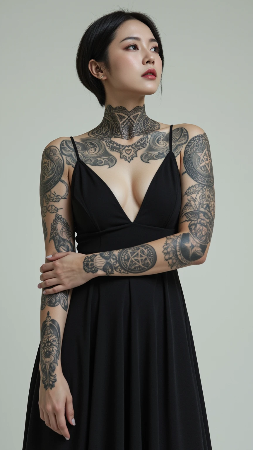 Black and white photograph of a 2 tattooed woman with cropped hair showing her empowered body. Her tattoos tell stories, and minimalist details highlight the elegance of the hat, while her short dress accentuates her curves, conveying a sense of mystery and power. The image is captured in natural lighting using a professional camera, featuring ultra-realistic 8k, 4k resolution.