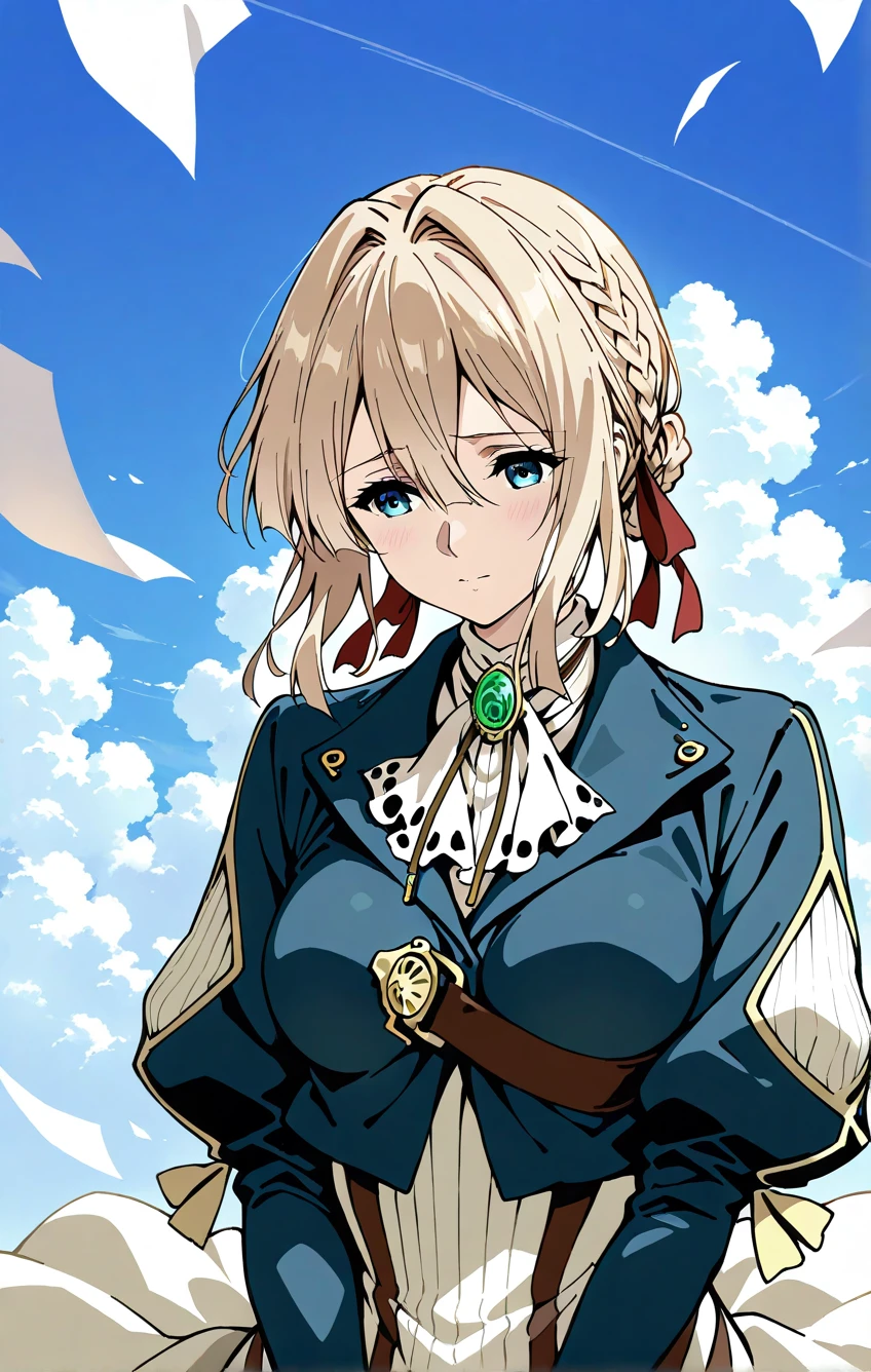 1girl, solo, violet evergarden, floating papers, painterly sky, impressionist :1.5, hairbands, shy, ending scene ,masterpiece, best quality, highres, absurdres, 