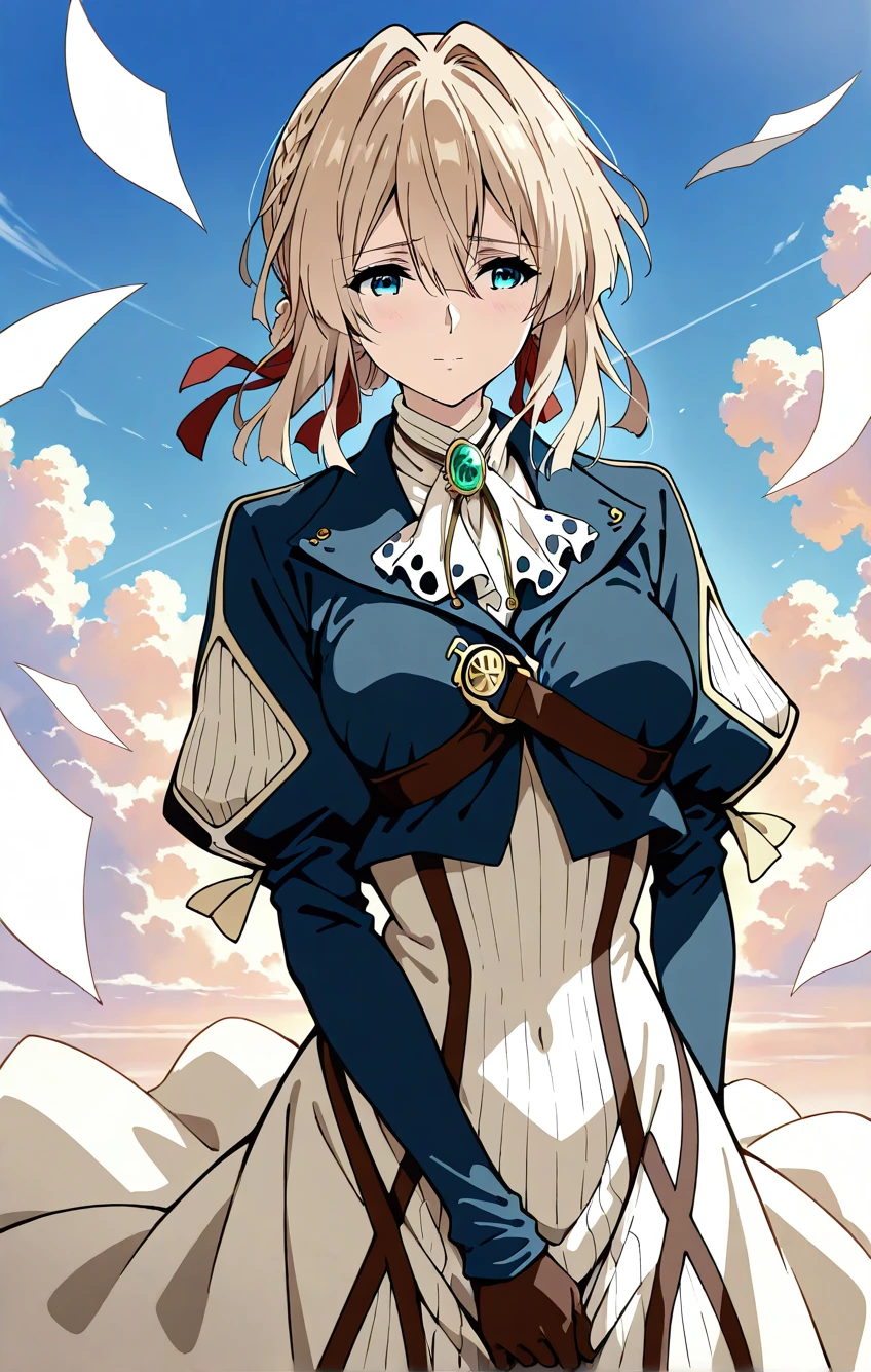 1girl, solo, violet evergarden, floating papers, painterly sky, impressionist :1.5, hairbands, shy, ending scene ,masterpiece, best quality, highres, absurdres, 