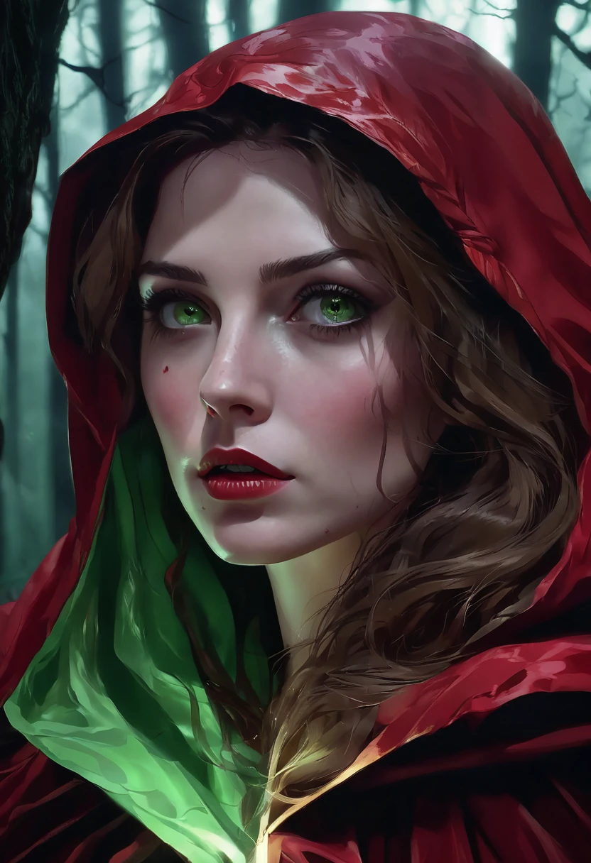 deep shadows an award-winning masterpiece character concept art of solo, an extremely (beautiful:1.1) Red Riding Hood lost in the woods at dusk, (anxiety:1.3), long eyelashes, cleavage, an amazing body, pronounced feminine features, freckles, close up, body freckles, (looking at viewer:1.4), long light brown hair, intricate highly detailed red dress with a cape, from above, natural lighting, depth of field, bokeh, 4K, HDR from above, nervousness, (low dim lighting:1.3), spooky atmosphere,(deep shadows:1.2) (large green eyes:1.1) (beautiful eyes:1.1)