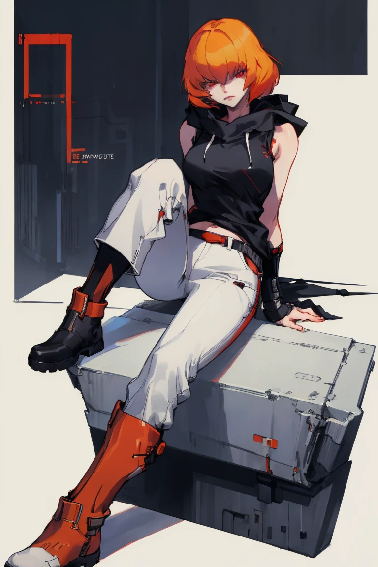 ((Highest quality)), ((masterpiece)), (be familiar with),Clementine,Overload,Sleeveless hoodie,Black Shirt,White pants,Alluring,whole body,boots,coat,Erect nipples, cyber punk,sf