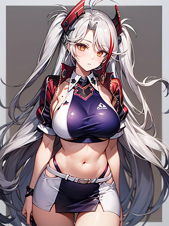 female 1 person、 prinz eugen （ Azur Lane）、Gray Hair、 long hair、 orange eyes、 two side up、 big breasts、mole、胸のmole、 striped hair、 split bangs、 hair like antennae 、 long hair、 two side up、 antenna hair、 headgear 、 race queen、 cropped shirt 、（ underbust cutout ：1.1）、 cropped jacket、 Purple Jacket 、 or、Short sleeve、abdomen、 Panty Straps 、White belt、 pencil miniskirt、two-tone skirt 、 black knee socks