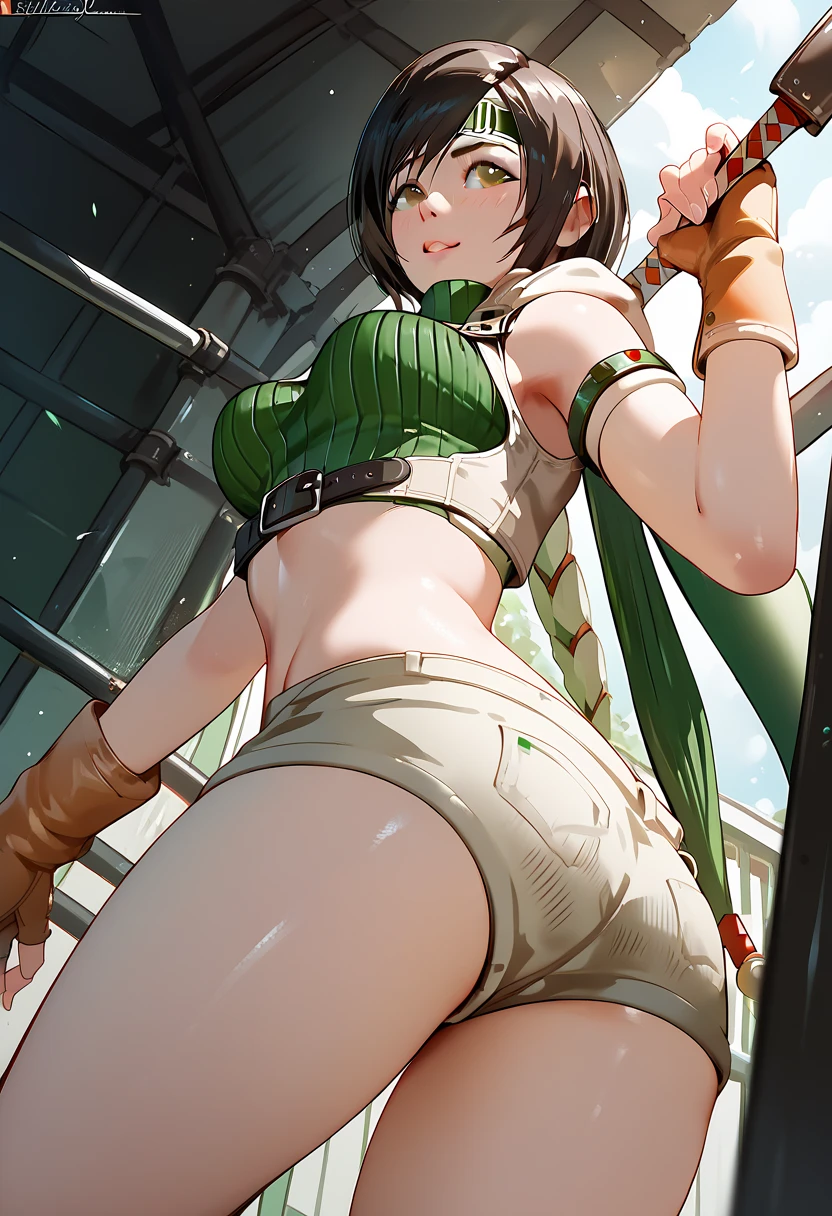 Yuffie, shorts 、 thighs are thick、A 、 from behind 