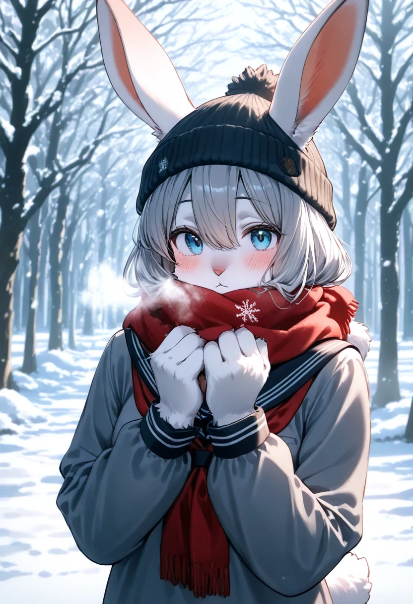 1girl, (furry, kemono:1.4), rabbit girl, animal nose, rabbit ears, rabbit tail, blue eyes, long hair, grey hair, blush, hair between eyes, sailor collar, scarf, hat, beanie, long sleeves, serafuku, school uniform, looking at viewer, outdoors, snow, solo, tree, upper body, red scarf, breath, black sailor collar, enpera, snowflakes, winter