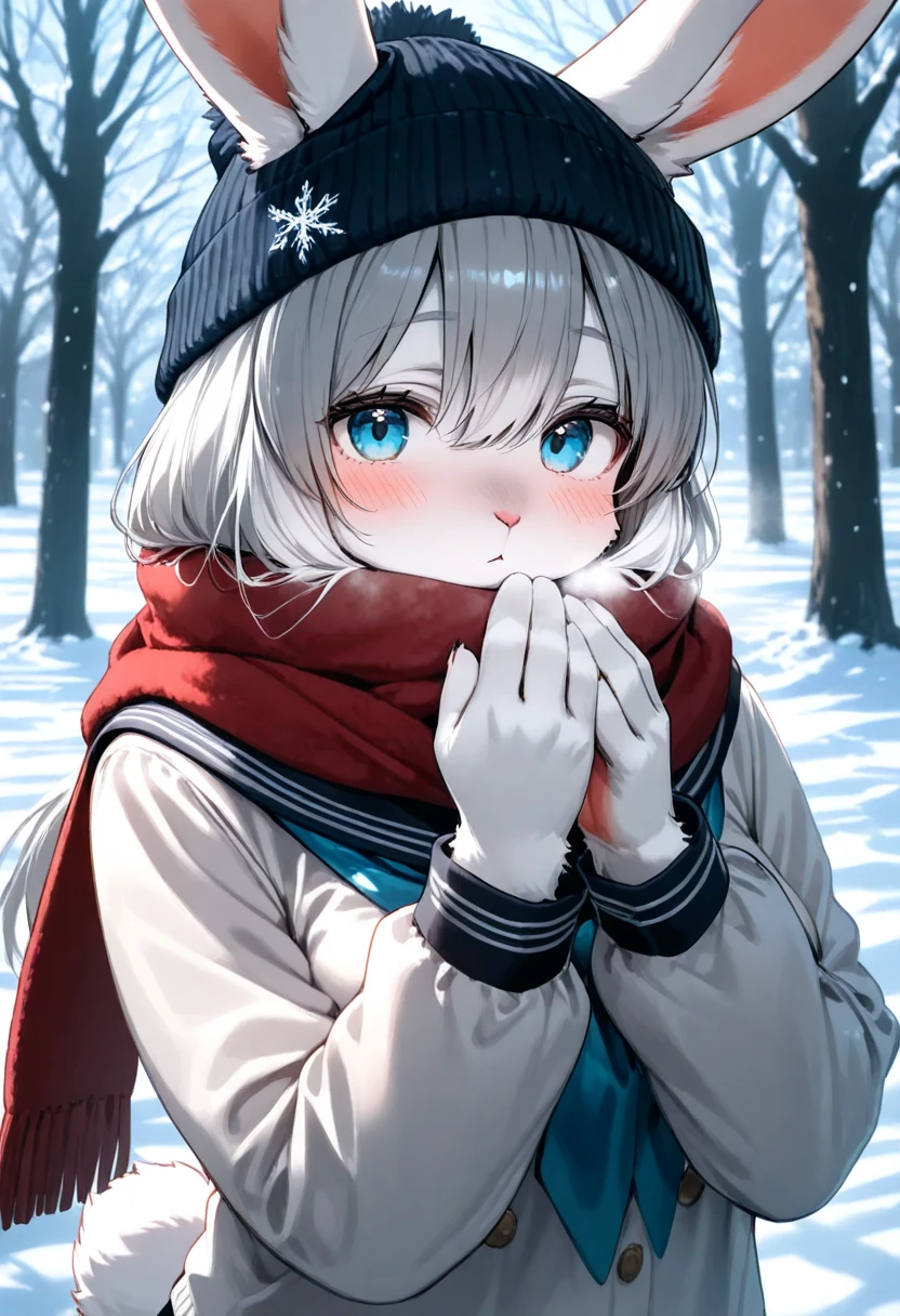 1girl, (furry, kemono:1.4), rabbit girl, animal nose, rabbit ears, rabbit tail, blue eyes, long hair, grey hair, blush, hair between eyes, sailor collar, scarf, hat, beanie, long sleeves, serafuku, school uniform, looking at viewer, outdoors, snow, solo, tree, upper body, red scarf, breath, black sailor collar, enpera, snowflakes, winter