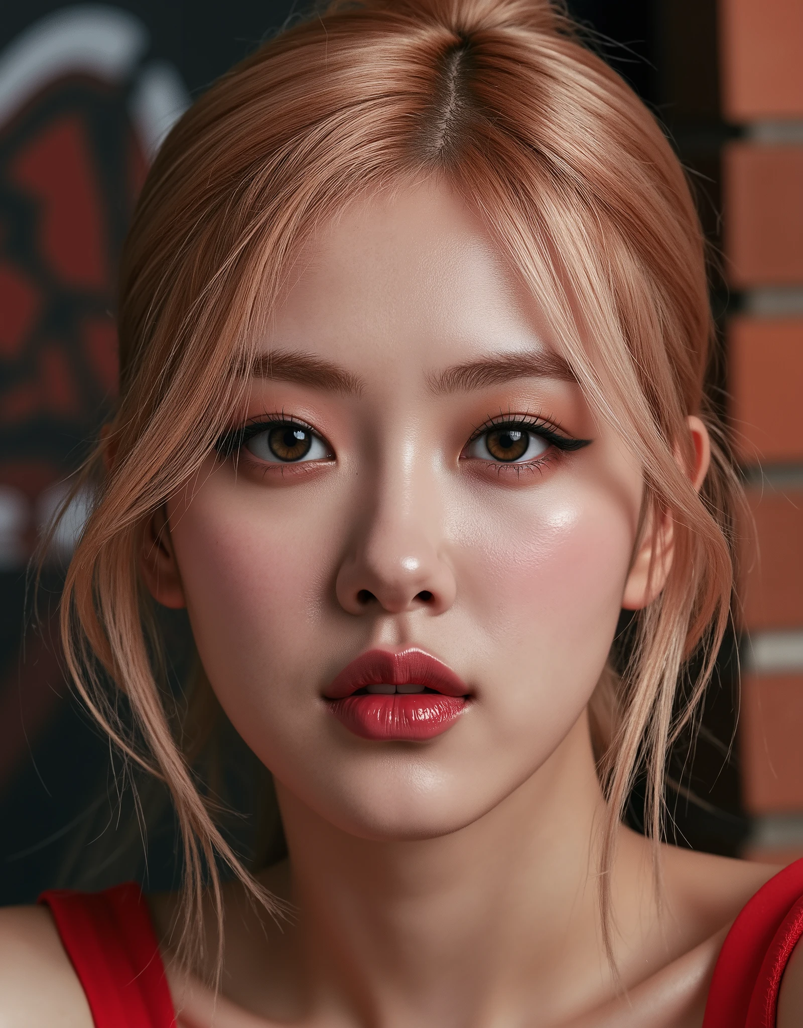 Realistic (photorealistic Realism), (high resolution), ((intricately detailed digital art)), professional photography, (((portrait) a [Rosé from blackpink]:1.3)), (ultra realistic texture details: velvety skin, hair),(close- up eyes:1.3),((sharp focus, no blurry, high resolution, absurd quality, Realistic brown_eyes:1.4), intricately detailed:1.3), ((extremely fine details eyes)), ((extra narrow eyebrows)), (Carefully draw Long eyelashes), (perfect round eyes:1.3), (finely detailed pupils:1.3), ((extremely fine details pupils:1.3)), ((extremely fine details iris of the eyes:1.3)), (Shining, mesmerizing, Vibrant eyes:1.2), (professional makeup:1.4), ((perfect eyeshadows:1.4)), detailed lips:1.3, (apply glossy red_lipstick:1.34), (pink_makeup:1.3), (beautiful little nose), (perfect proportions:1.2),(small head),(anatomically correct), perfect female body, (firm and full breasts), (Super beautiful), (vivid and colorful), The attention to detail, focus of girl, dynamic pose, sexy and seductive, flirty smile, dslr, high quality split lighting, sharp focus captured by Fujifilm XT3, f 5.6, in a dramatic lighting, (perfect composition), (Style your hair, short hair, golden hair, curls at the ends of the hair, hair above one eye,(short blonde, combed to the side)), choker, ((Brick wall, Graffiti)), (oversized shirt,Outside the shoulder, transparent white shirt), exquisite balance of shadows, look at the viewer,