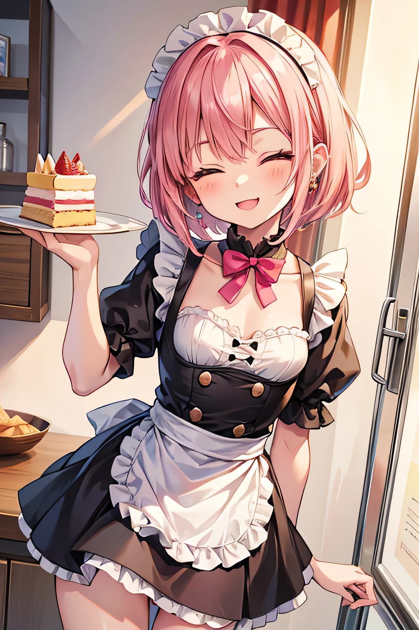 1girl, cowboy_shot, neko ears, cat ears, 20 years old woman, delicate pink hair cool long Hairstyle sHe is serving a cake.  He is wearing a lolita maid outfit. Bare shoulders, medium breast, detailed grey eyes.
Cool cooking dress.
Anime cook scene, cool effects, dynamic shot.