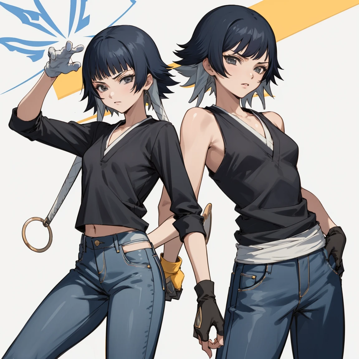 (( top quality )), ((masterpiece)), (Familiar),  BLEACH,Soi Fon,  1 girl,  black hair,Slanted Eyes, Black clothes, black shirt , jeans, thin,  short hair,  small breasts, gloves, 