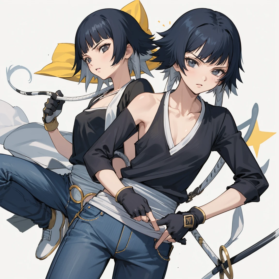 (( top quality )), ((masterpiece)), (Familiar),  BLEACH,Soi Fon,  1 girl,  black hair,Slanted Eyes, Black clothes, black shirt , jeans, thin,  short hair,  small breasts, gloves, 