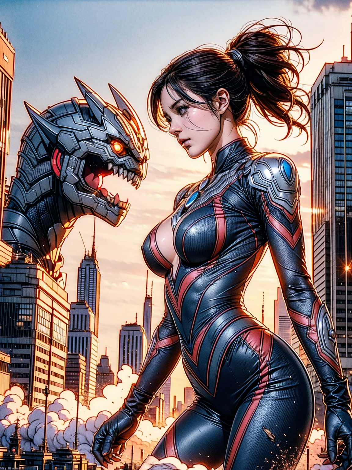 An ultra-detailed 8k manga illustration of an alluring Giantess girl. Her figure is accentuated by the sleek, flawless, porcelain-like skin, ((150 feet height)). She dressed in Ultragirl suit, half-removed that revealing her shoulders, Her breasts, nipple, could be seen through lifted her dress up. The suit clings to her curves, its vibrant silver and red design catching the light in intricate detail. Her bare chest is subtly visible beneath the lifted fabric. Her eyes are heavy-lidded, brimming with intensity and purpose, Her lips may part slightly, moist and inviting, soft smile plays across her face. Her pose is relaxed yet intentional, capturing the intimate moment as she begins to shed her heroic armor, blending the iconic Ultraman aesthetic with an irresistible, human sensuality. cinematic, dramatic lighting, volumetric fog, cinematic camera angle, intricate details, sparks and debris, city skyline in background, (best quality,4k,8k,highres,masterpiece:1.2),ultra-detailed,(realistic,photorealistic,photo-realistic:1.37). (((fighting with monsters, Battle, death struggle, monsters attack, side view.)))