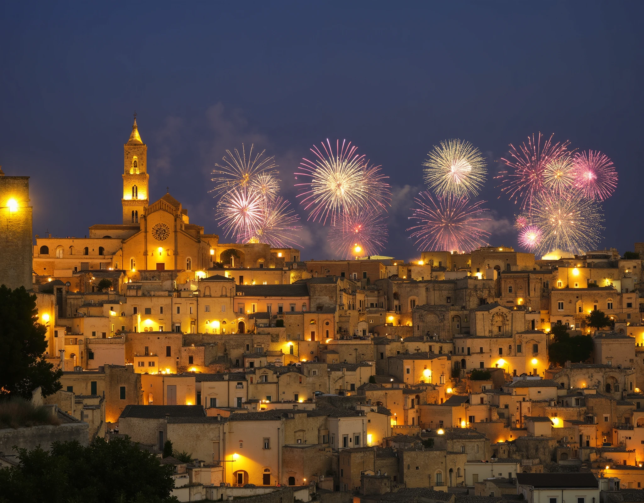 (happy new year 2025 in Matera). Sassi di Matera in background, cathedral of Matera. photorealistic fireworks at night, a shining text "2025" floating in the air made of colorful fireworks coming from houses. Realistic sassi_di_matera smoke in air due to fireworks. emotions from people.