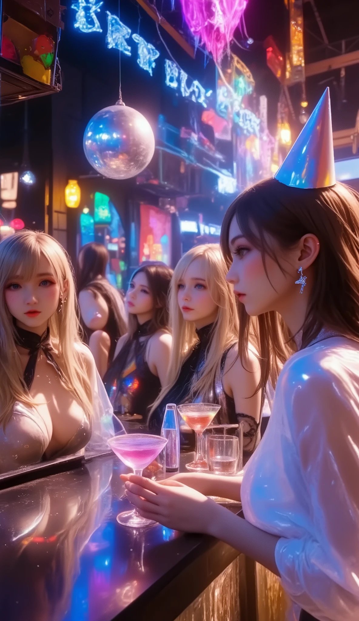 8K resolution, masterpiece, Highest quality, Award-winning works, A woman Drinking with female friends at the bar counter after drinking too much at a New Year's party, disco, (dance party:1.5), cocktails, mirror ball, party cone hat, new year party decorations, party hat, シャンパン, Party popper, (big banner which says "Happy new year":1.7), (dancing passionately on the stage, .:1.8)
