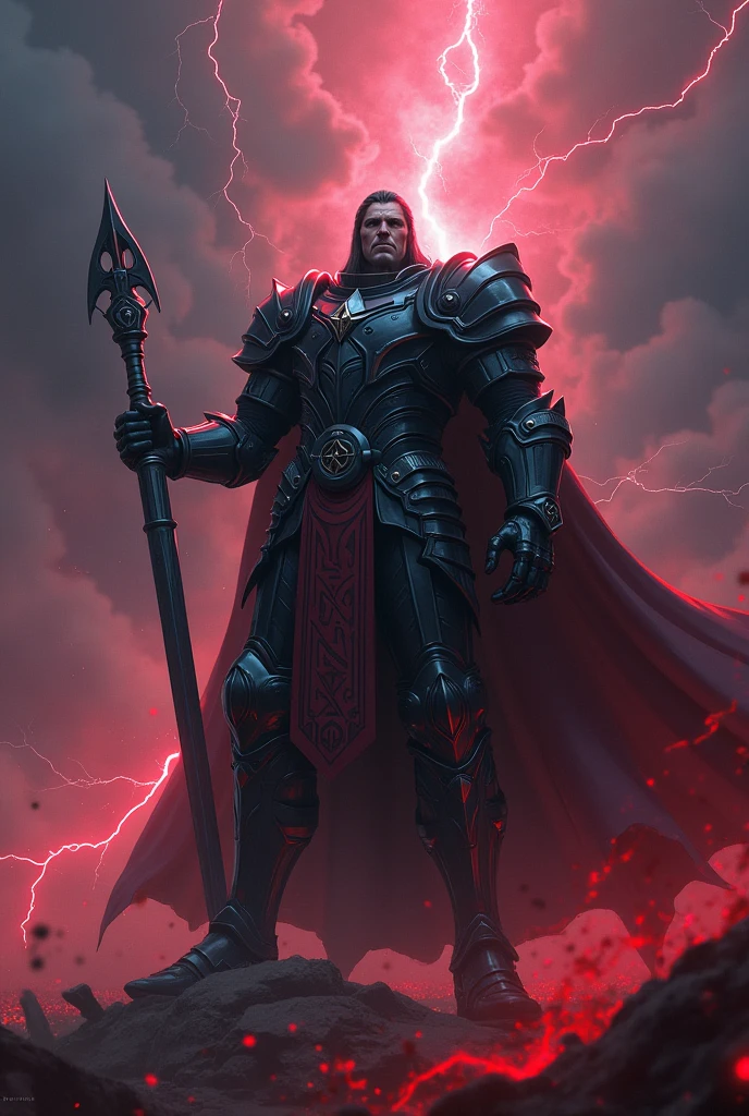 a warlord in black armor with a fancy banner at the bottom saying “Dynss”. written in red and blue with red lightning in the background.