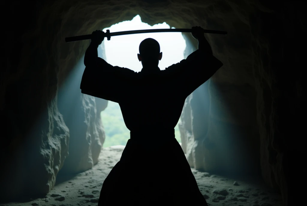 a man wearing a japanese kimono, both hands raised, katana, man swinging katana, silhouette, silhouette of a man, tunnel, cave, rock, (best quality,4k,8k,highres,masterpiece:1.2),ultra-detailed,(realistic,photorealistic,photo-realistic:1.37),detailed kimono, intricate kimono patterns, muscular man, powerful stance, katana glinting in light, dramatic lighting, cinematic composition, moody atmosphere, underground cave setting, rocky environment, dramatic shadows