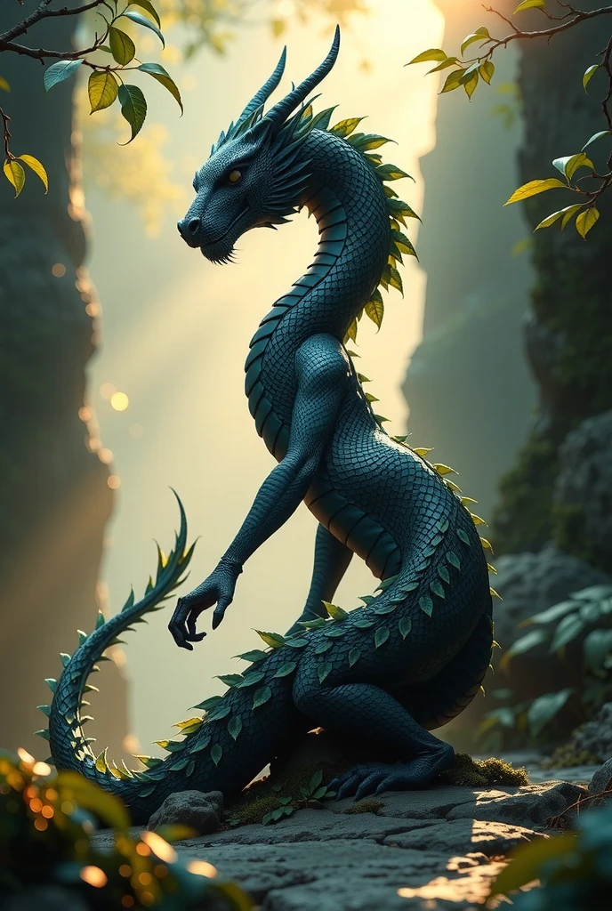  A midnight blue scaly tree-length hybrid creature (Mixture of dragon and tiger )  with sea green leaves on the body , illuminated by the gentle, golden light of a quiet morning, which gently frame its shape 