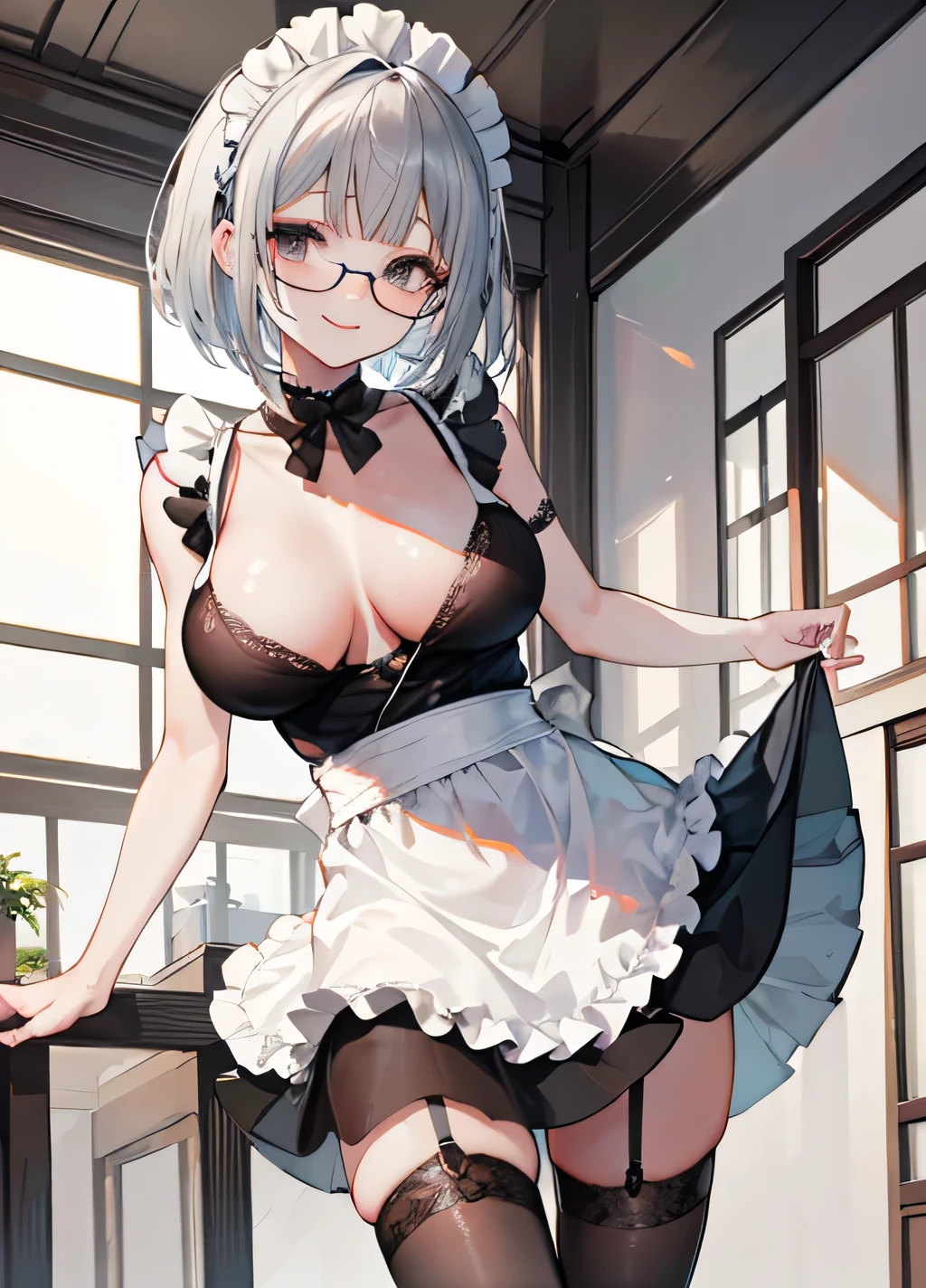 (          masterpiece        ), (                  top quality), (                                super detailed         ),    slender women  、、(((Big Breasts 、     Maid wearing glasses                             、                       black maid clothes 、                sleeveless maid clothes                      、                           white apron dress                   、                               black garter belt       、        black stockings、                                    、                                 Silver Hair、                               Bob with Bangs                             、Even bangs、   Full van                           )))、(((   Jump and strike a pose、Jump up and down and pose 、 Graceful Pose 、smile、Watch viewers 、)))    transparent                              bodystocking                
see-through,                             bodystocking               、        
Picture of a cute Japanese woman wearing a loose t-shirt  
          、 
     sweater     
