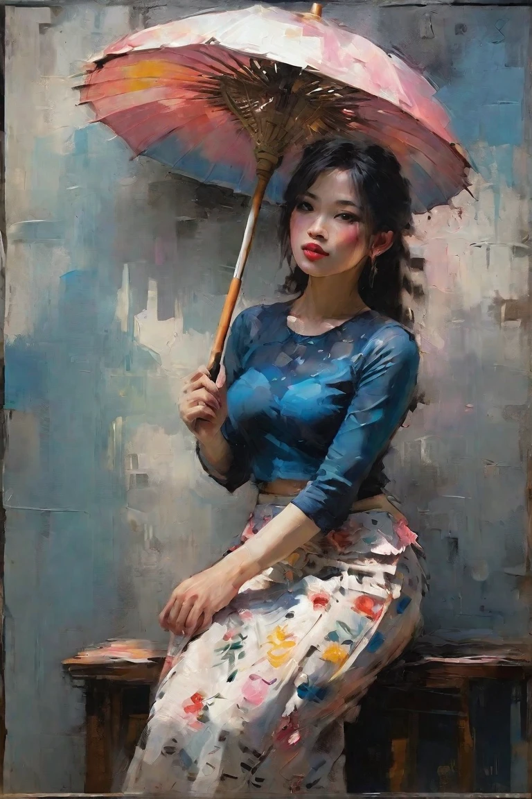 Create a contemporary portrait of a beautiful woman, Myanmar traditional lace shirt and floral long skirt with Pathein umbrella in the
expressive and painterly style of Malcolm Liepke,
utilizing a palette of light pink, yellow and red,
light grayish blue. The portrait should feature a
close-up of the subject's face with strong, dynamic
brushstrokes and a focus on capturing the depth and
texture characteristic of Liepke's work.Use light pink and bright
blue for the highlights and vibrant
areas,while employing muted blue, dark
grayish blue, very dark gray, and light
grayish blue to create shadows and
depth. Ensure the background
complements
the portrait with subtle variations of the
same color
palette, evoking a sense of modern
elegance and
emotional intensity