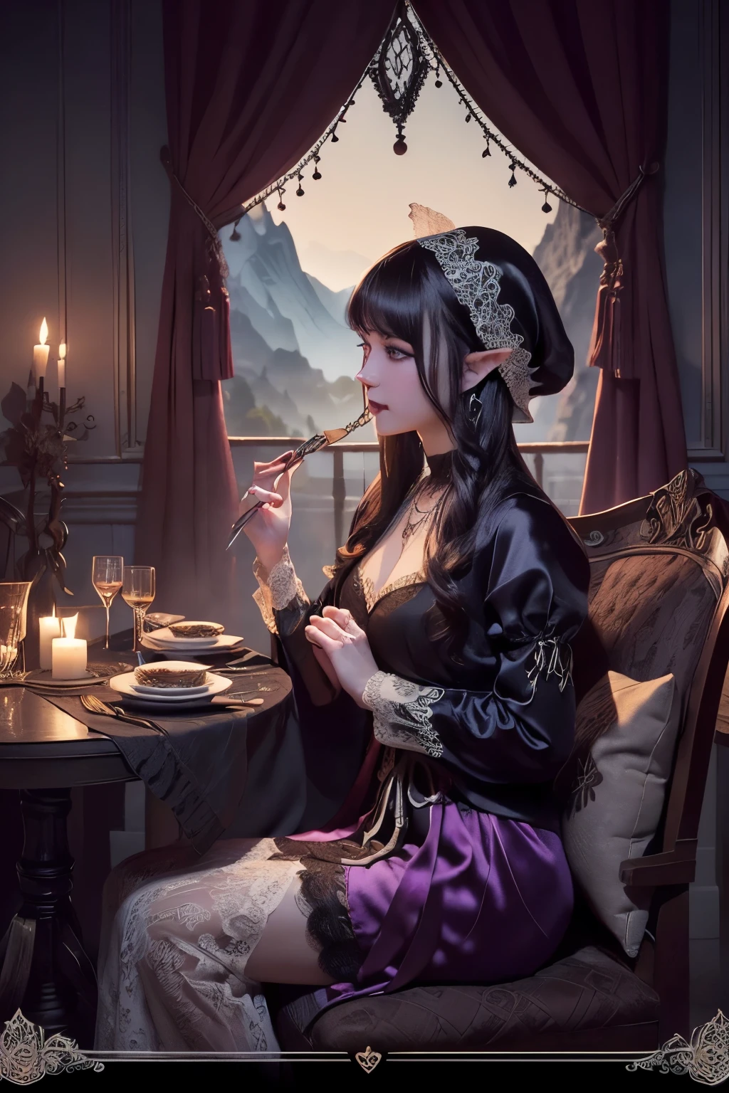 (Ultra-detailed face, Looking away, Gothic Illustration, Dark tone colors, Viewpoint from above looking down on the ground.), BREAK (The dark elf ladies are having a tea party with a magic Persian carpet floating in the center of a quiet, gently breezy lake with a deep mist, a small rococo round table in the center, and ladies sitting on rococo sofas, smiling and talking to each other. At the end of the carpet, an old butler watches over the ladies, smiling.), BREAK (The young dark elf ladies have brown hair and brown eyebrows, black hair and black eyebrows, gray hair and white eyebrows, blunt bangs, well-groomed chest-length hair, small pink lips, dark purple skin, and thick eyeliner.), BREAK (The dark elf ladies wear colorful bonnets, ribbon ties and scarves. They wear tight velour lace-up dresses printed with various seasonal floral patterns with lace ruffles. There is also a puff-sleeved dress. Around her waist she wears a long, colorful silk pareo. They wear glassy, sparkling mules. They wear anklets, bangles, rings, necklaces, and hair ornaments with scorpion motifs. They carry silk handkerchiefs.), BREAK (This is a vast lake spreading out among the mountains in the style of medieval Eastern Europe. The surface of the water gently ripples, creating an atmosphere of tranquility and peace. Mysterious ladies and butlers.)