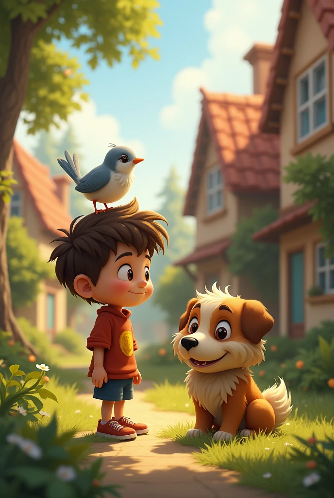 Image of a smiling little boy named Lucas playing with his little dog Max in a sunny park.
Close-up of Lucas laughing as Max chases a butterfly.