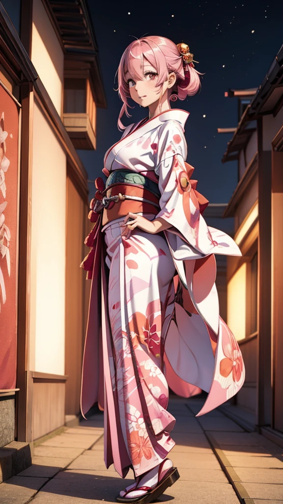  gal、 Warring States period、 Wearing a kimono 、 kimono is open 、 cute、 pink hair、 emphasizes large breasts、、Picture of a cute Japanese woman about 25 years old 、 anime style illustration ,Tensura、 That Time I Got Reincarnated as a Slime、Shuna、Long-sleeved kimono、 New Year