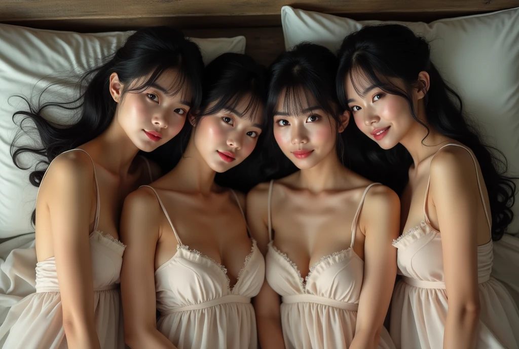 A close-up photo of three Japanese girls, Hair tied up, Bangs down, (Double eyelids), looking at the viewer, In the office, (All smiling), Highest Resolution, masterpiece, (All wearing elegant pale-pink sheer lacy bridesmaid dress), (All wearing earrings), (((All built-up neckline))), (((Sheer dress))), (((Topless nudist))), (((Exposing breasts and nipples)))