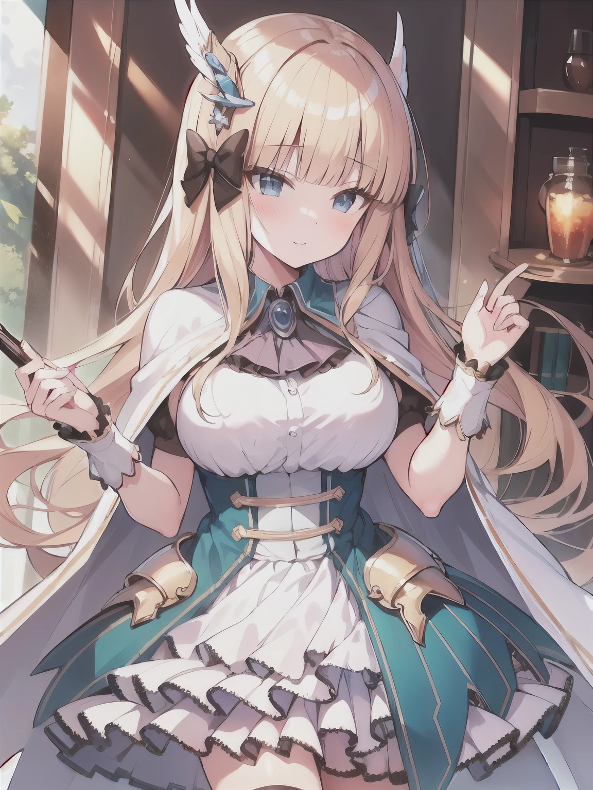 masterpiece,  top quality ,  high res, Alsaren ,  long hair,  blondes,  hair bow,   black bow  ,  hair ornament, blunt bangs,  holding a star ,  Big Breasts,  Blog, white cape,  princess dress,  underbust, Short sleeve, White glikes,  white skirt,  frill skirt , White knee socks,  Blancing , likey-dovey, hood friend, like, king castle glamour nice buddy honey trap temptation shot by cowboy