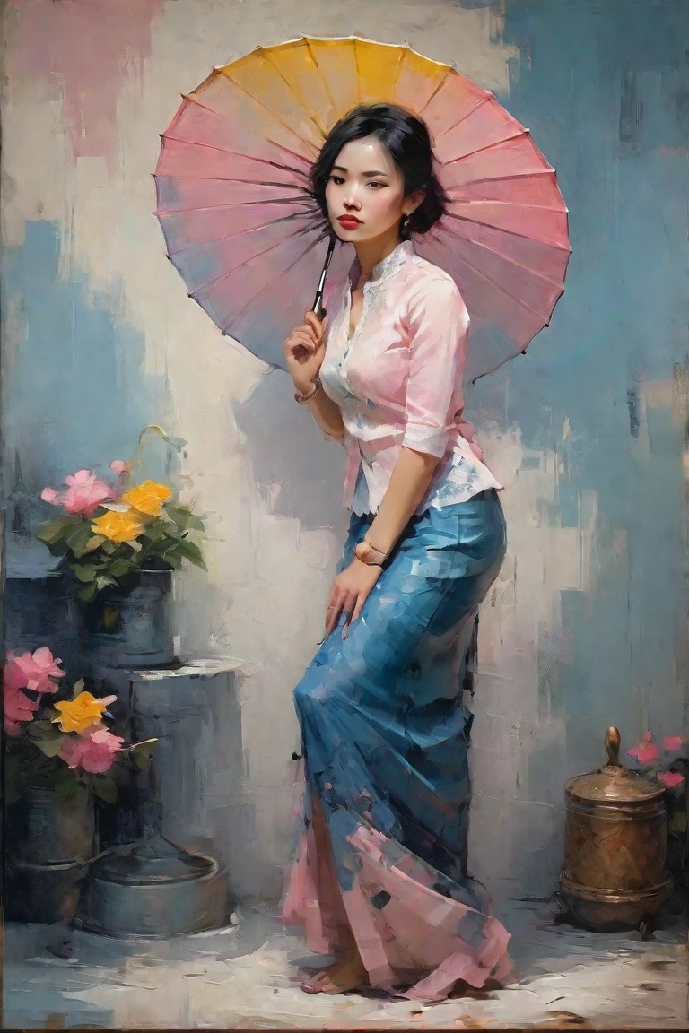 Create a contemporary portrait of a beautiful woman, Myanmar traditional lace shirt and floral long skirt with Pathein umbrella in the
expressive and painterly style of Malcolm Liepke,
utilizing a palette of light pink, yellow and red,
light grayish blue. The portrait should feature a
close-up of the subject's face with strong, dynamic
brushstrokes and a focus on capturing the depth and
texture characteristic of Liepke's work.Use light pink and bright
blue for the highlights and vibrant
areas,while employing muted blue, dark
grayish blue, very dark gray, and light
grayish blue to create shadows and
depth. Ensure the background
complements
the portrait with subtle variations of the
same color
palette, evoking a sense of modern
elegance and
emotional intensity