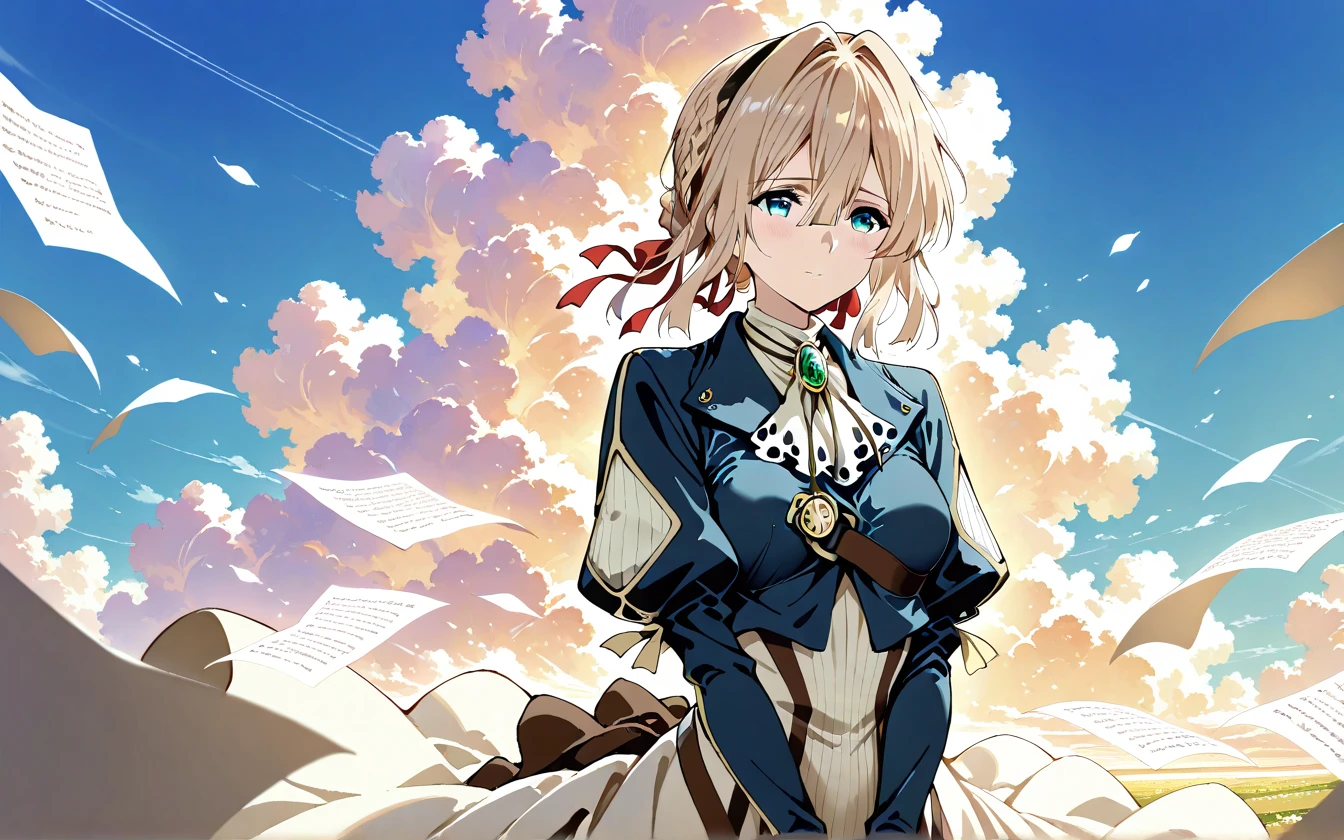 1girl, solo, violet evergarden, floating papers, painterly sky, impressionist :1.5, hairbands, shy, ending scene ,post credits,masterpiece, best quality, highres, absurdres, 