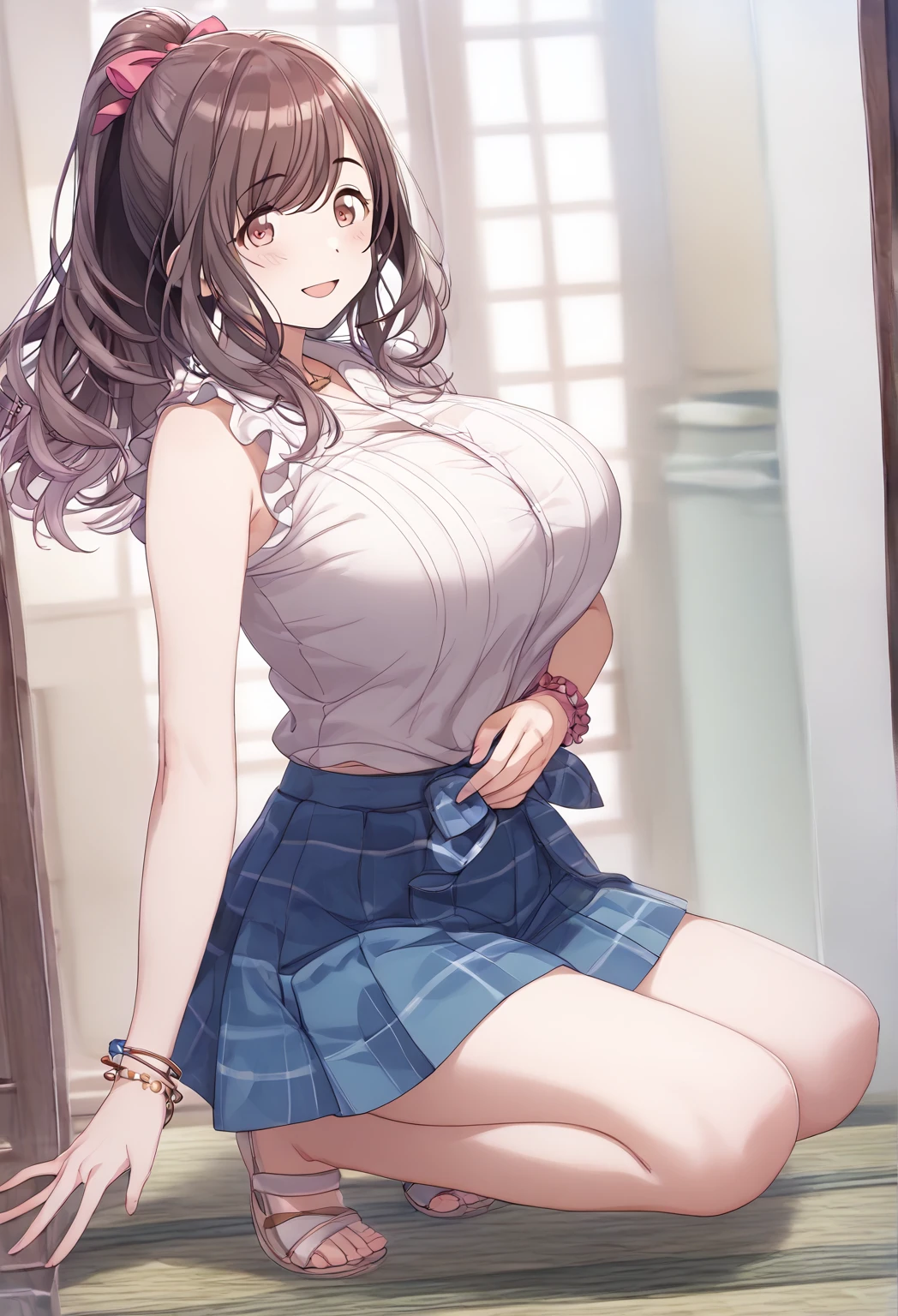 score_9,score_8_up,score_7_up,masterpiece,best quality, source anime, photorealistic, hyperrealistic, 8k,photo,raw,super detailed, extreme detailed, rating_explicit, 
BREAK girl,Kogane Tsukioka、Kogane Tsukioka、 and the mouth is open、 shirt、 blue skirt、 Watching Viewers 、smile、chest、 Ponytail、 jewelry、 Bracelet 、ribbon、blush、ヘアribbon、bangs、白い shirt、 eyebrows visible through hair、 sleeveless、 cowboy shot、ribbon、bangsをなびかせている、 sleeveless shirt、青いribbon、:d、ヘアribbon、 pleated skirt 、 is standing、Frills、 side lock、 raised his hand carefully、 、Short sleeve、高めの Ponytail、Floating hair,  (large breasts:1.5),full body,
shiny hair, beautiful detailed eyes, beautiful face, cowboy shot
(embarrassed:0.3), blush,
BREAK school white shirt, short sleeves, blue bowtie,squatting