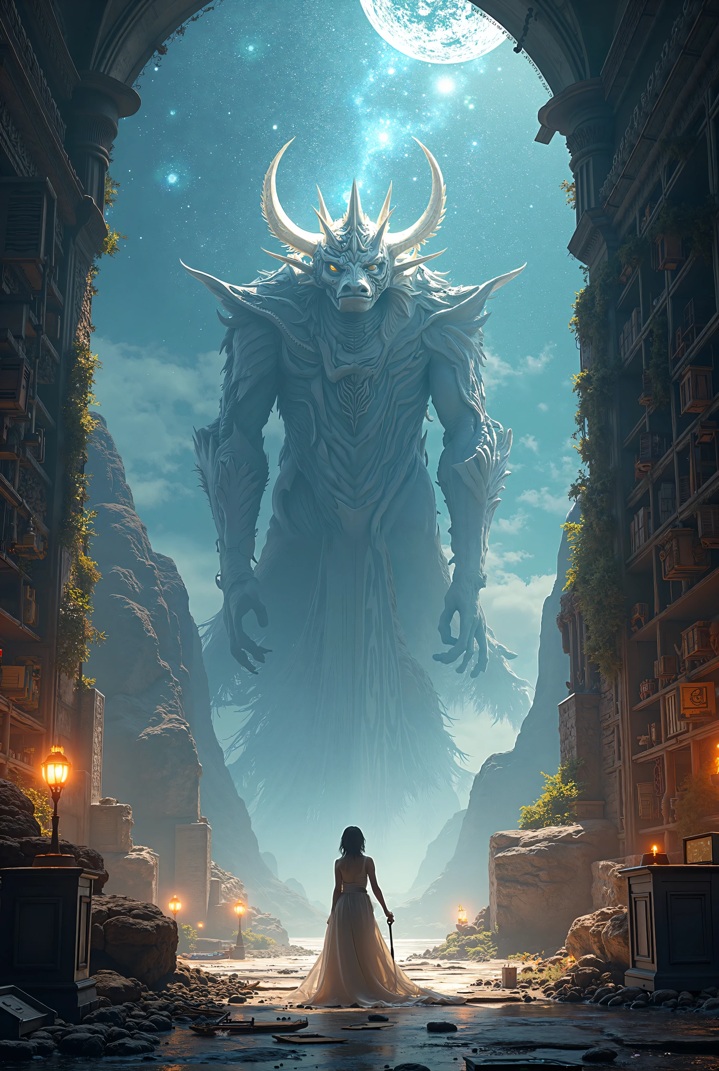 There is a woman standing in front of a giant monster - SeaArt AI