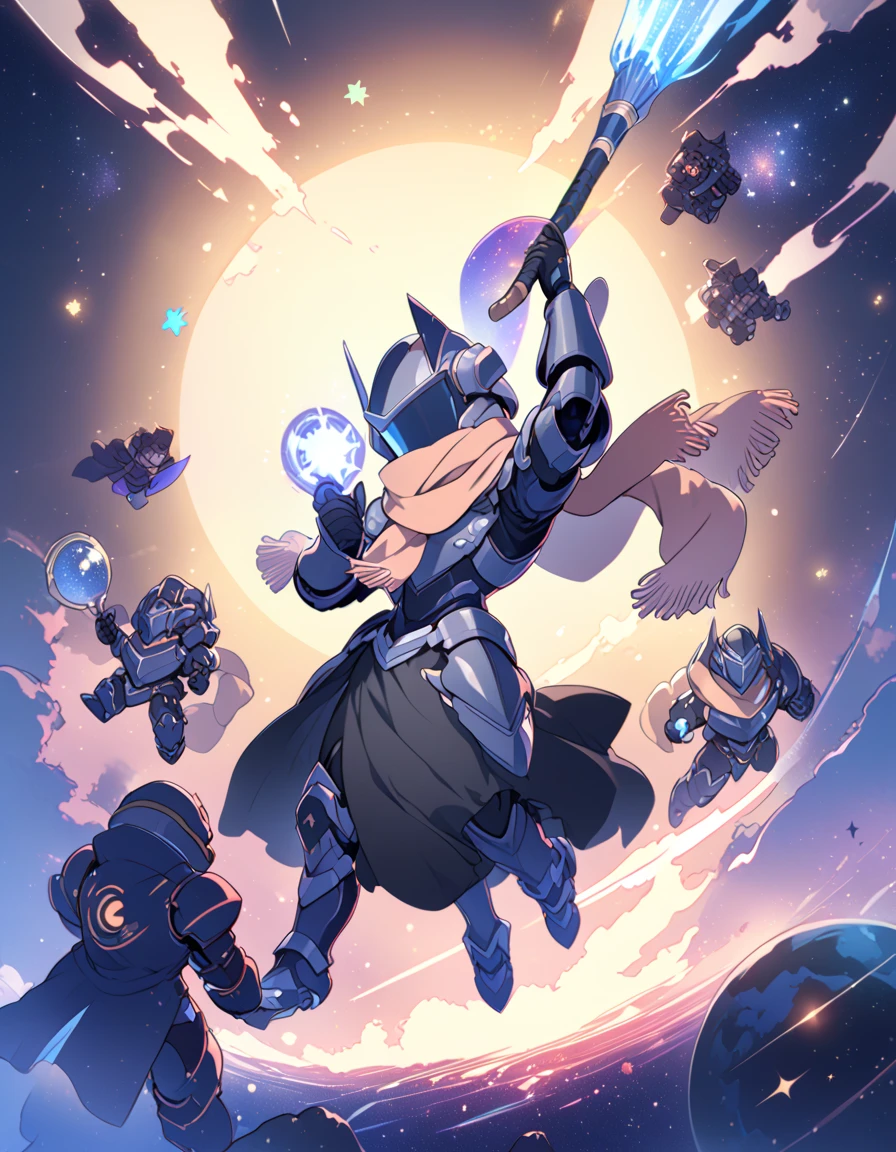 Detailed 8k cute theme ,  male horseman in iron helmet covering his entire face and scarf, Holding magic clubs,wearing black technological armor with outer space in the background ( full body )