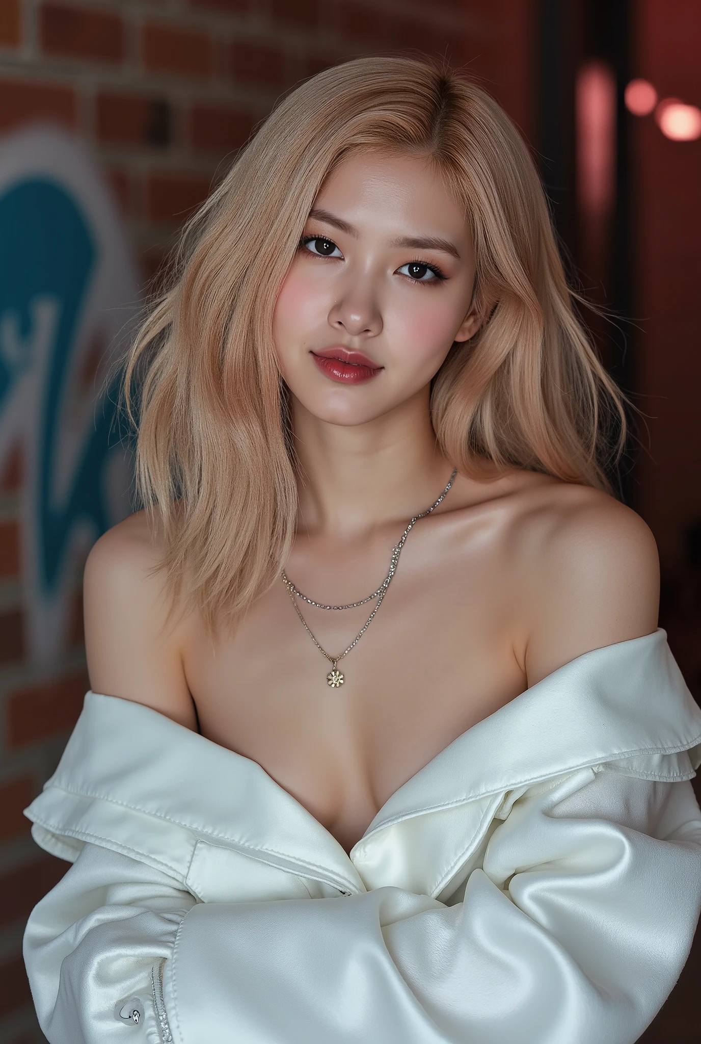 Realistic (photorealistic Realism), (high resolution), ((intricately detailed digital art)), professional photography, (((portrait) a [Rosé from blackpink]:1.4)), (ultra realistic texture details: velvety skin, hair),(close- up eyes:1.3),((sharp focus, no blurry, high resolution, absurd quality, Realistic brown_eyes:1.4), intricately detailed:1.3), ((extremely fine details eyes)), ((extra narrow eyebrows)), (Carefully draw Long eyelashes), (perfect round eyes:1.3), (finely detailed pupils:1.3), ((extremely fine details pupils:1.3)), ((extremely fine details iris of the eyes:1.3)), (Shining, mesmerizing, Vibrant eyes:1.2), (professional makeup:1.4), ((perfect eyeshadows:1.4)), detailed lips:1.3, (apply glossy red_lipstick:1.34), (pink_makeup:1.3), (beautiful little nose), (perfect proportions:1.2),(small head),(anatomically correct), perfect female body, (firm and full breasts), (Super beautiful), (vivid and colorful), The attention to detail, focus of girl, dynamic pose, sexy and seductive, flirty smile, dslr, high quality split lighting, sharp focus captured by Fujifilm XT3, f 5.6, in a dramatic lighting, (perfect composition), (Style your hair, short hair, golden hair, curls at the ends of the hair, hair above one eye,(short blonde, combed to the side)), choker, ((Brick wall, Graffiti)), (oversized shirt,Outside the shoulder, transparent white shirt), exquisite balance of shadows, look at the viewer,