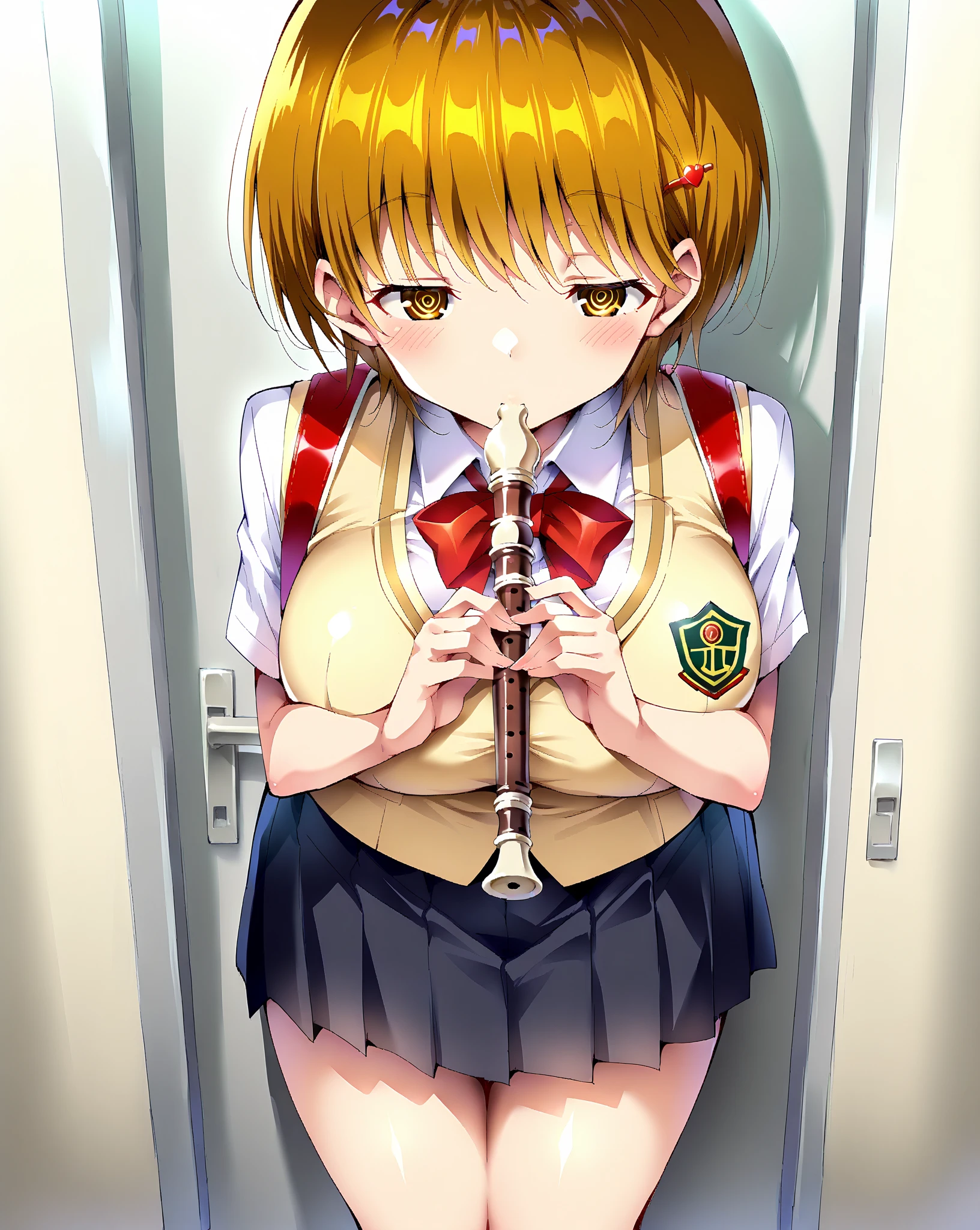 score_9, score_8_up, score_7_up, 1girl,solo, seduce, seductive, looking_down ,kawaii waifu,
breasts, medium breasts, maximum 5 fingers,
white background, recorder, perfect hands, (bare hands), looking at the viewer, mouth (blowing), blush, standing, school uniform, bow, pleated skirt, masterpiece, high quality, absurd resolution, beautiful hands, ringed eyes, half-closed eyes, ryoukadf, brown eyes, brown hair, short hair, hairclip, 
