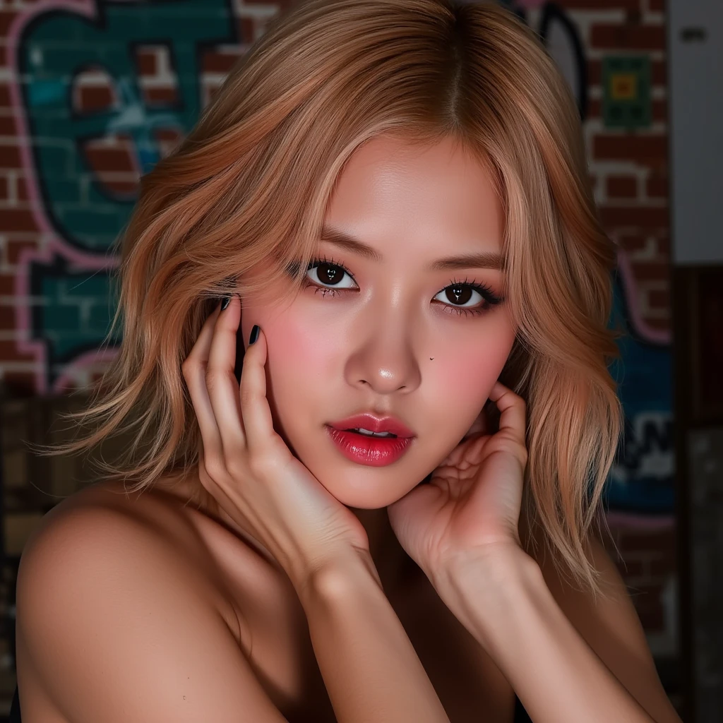 Realistic (photorealistic Realism), (high resolution), ((intricately detailed digital art)), professional photography, (((portrait) a [Rosé from blackpink]:1.3)), (ultra realistic texture details: velvety skin, hair),(close- up eyes:1.3),((sharp focus, no blurry, high resolution, absurd quality, Realistic brown_eyes:1.4), intricately detailed:1.3), ((extremely fine details eyes)), ((extra narrow eyebrows)), (Carefully draw Long eyelashes), (perfect round eyes:1.3), (finely detailed pupils:1.3), ((extremely fine details pupils:1.3)), ((extremely fine details iris of the eyes:1.3)), (Shining, mesmerizing, Vibrant eyes:1.2), (professional makeup:1.4), ((perfect eyeshadows:1.4)), detailed lips:1.3, (apply glossy red_lipstick:1.34), (pink_makeup:1.3), (beautiful little nose), (perfect proportions:1.2),(small head),(anatomically correct), perfect female body, (firm and full breasts), (Super beautiful), (vivid and colorful), The attention to detail, focus of girl, dynamic pose, sexy and seductive, flirty smile, dslr, high quality split lighting, sharp focus captured by Fujifilm XT3, f 5.6, in a dramatic lighting, (perfect composition), (Style your hair, short hair, golden hair, curls at the ends of the hair, hair above one eye,(short blonde, combed to the side)), choker, ((Brick wall, Graffiti)), (oversized shirt,Outside the shoulder, transparent white shirt), exquisite balance of shadows, look at the viewer,