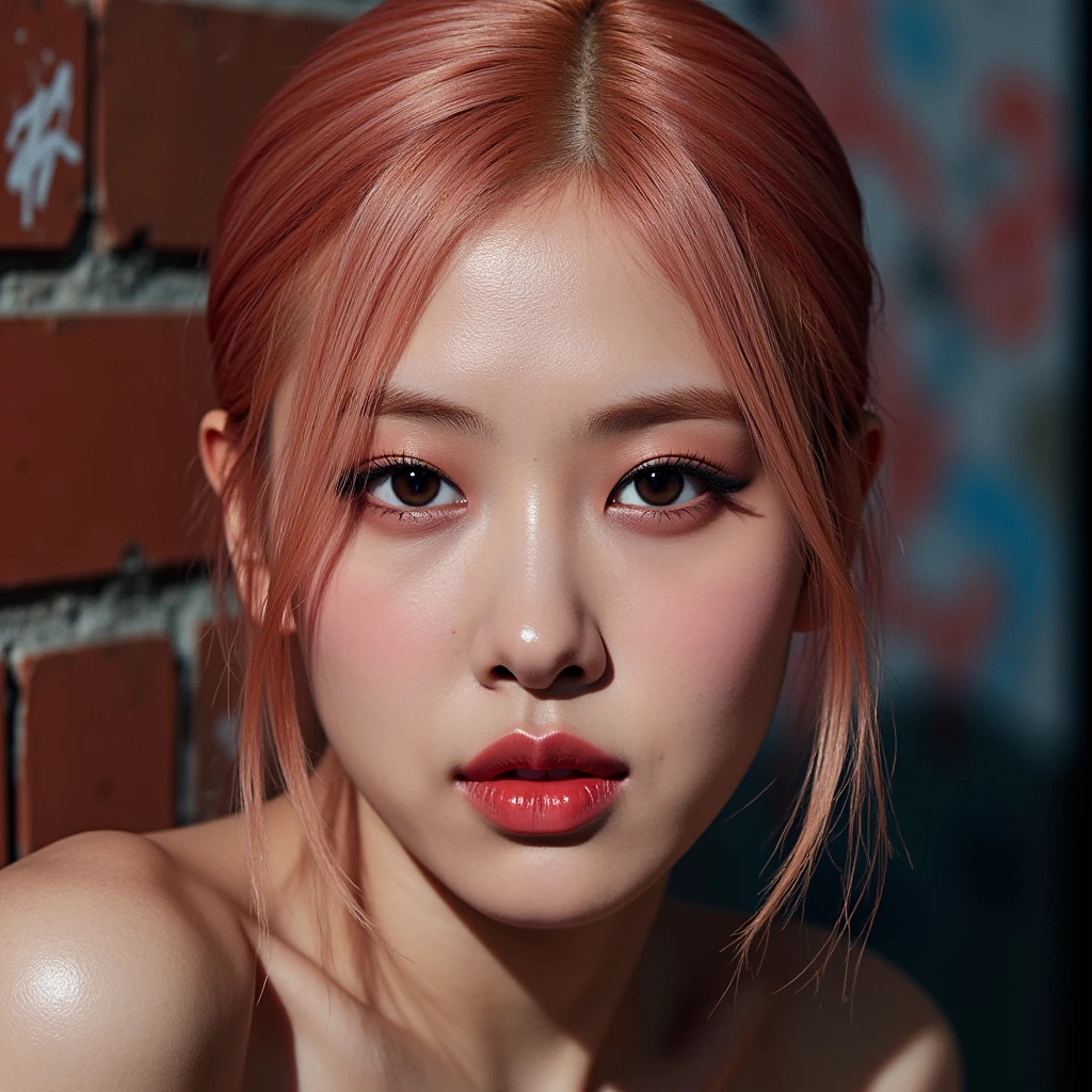 Realistic (photorealistic Realism), (high resolution), ((intricately detailed digital art)), professional photography, (((portrait) a [Rosé from blackpink]:1.3)), (ultra realistic texture details: velvety skin, hair),(close- up eyes:1.3),((sharp focus, no blurry, high resolution, absurd quality, Realistic brown_eyes:1.4), intricately detailed:1.3), ((extremely fine details eyes)), ((extra narrow eyebrows)), (Carefully draw Long eyelashes), (perfect round eyes:1.3), (finely detailed pupils:1.3), ((extremely fine details pupils:1.3)), ((extremely fine details iris of the eyes:1.3)), (Shining, mesmerizing, Vibrant eyes:1.2), (professional makeup:1.4), ((perfect eyeshadows:1.4)), detailed lips:1.3, (apply glossy red_lipstick:1.34), (pink_makeup:1.3), (beautiful little nose), (perfect proportions:1.2),(small head),(anatomically correct), perfect female body, (firm and full breasts), (Super beautiful), (vivid and colorful), The attention to detail, focus of girl, dynamic pose, sexy and seductive, flirty smile, dslr, high quality split lighting, sharp focus captured by Fujifilm XT3, f 5.6, in a dramatic lighting, (perfect composition), (Style your hair, short hair, golden hair, curls at the ends of the hair, hair above one eye,(short blonde, combed to the side)), choker, ((Brick wall, Graffiti)), (oversized shirt,Outside the shoulder, transparent white shirt), exquisite balance of shadows, look at the viewer,